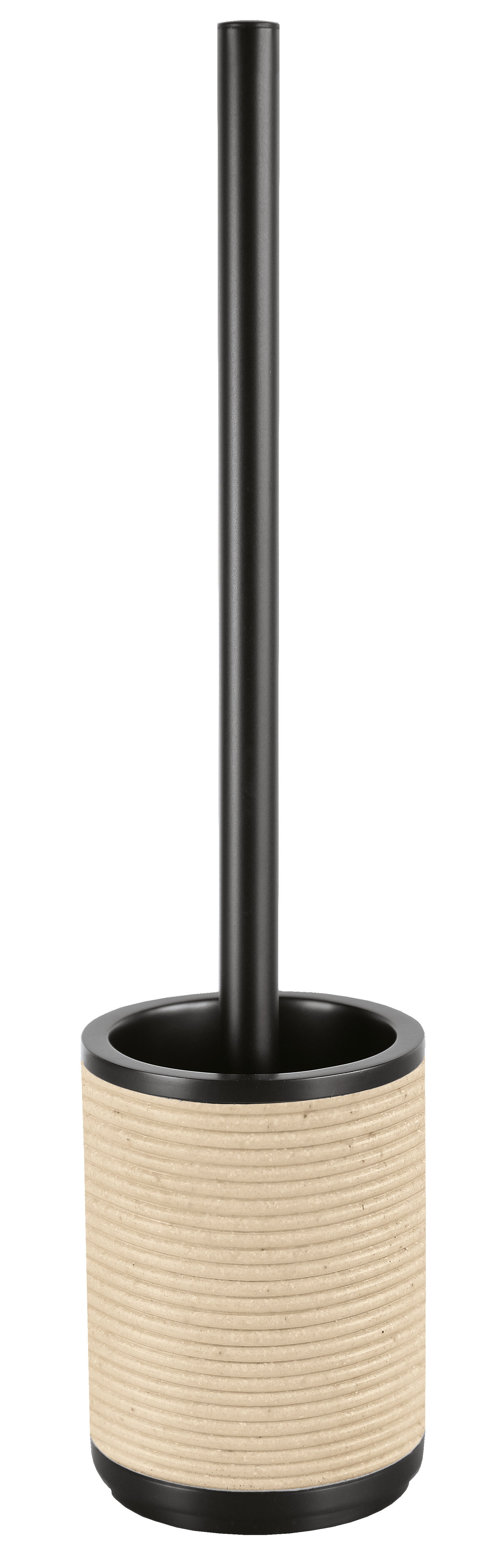 WC-Bürsten-Halter RUNA Natur mit schwarzem Stiel in zylindrischem, naturfarben geriffeltem Behälter.