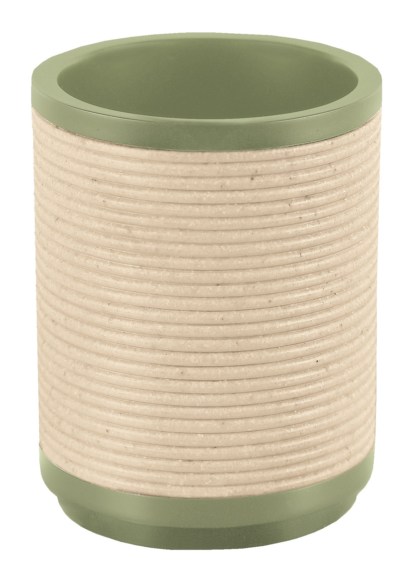 Zahnputzbecher RUNA Dill steht als grüner Becher mit geriffelter, beiger Oberfläche aufrecht.