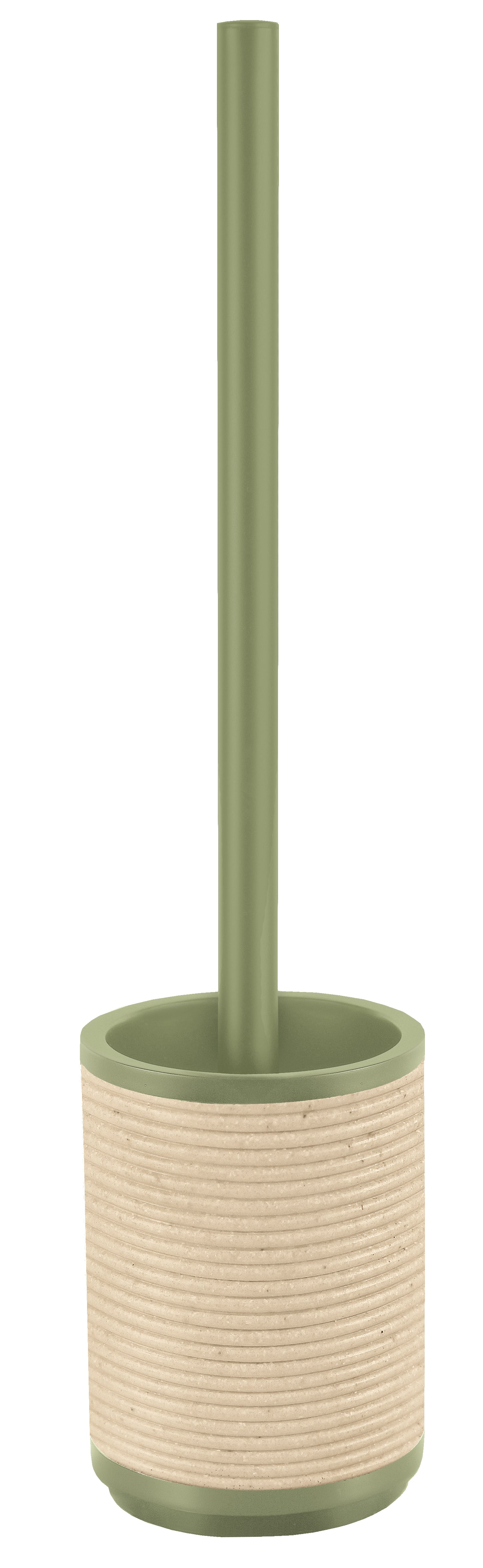 Der WC-Bürsten-Halter RUNA Dill steht freistehend mit grünem Stiel und beigem, gerilltem Behälter.
