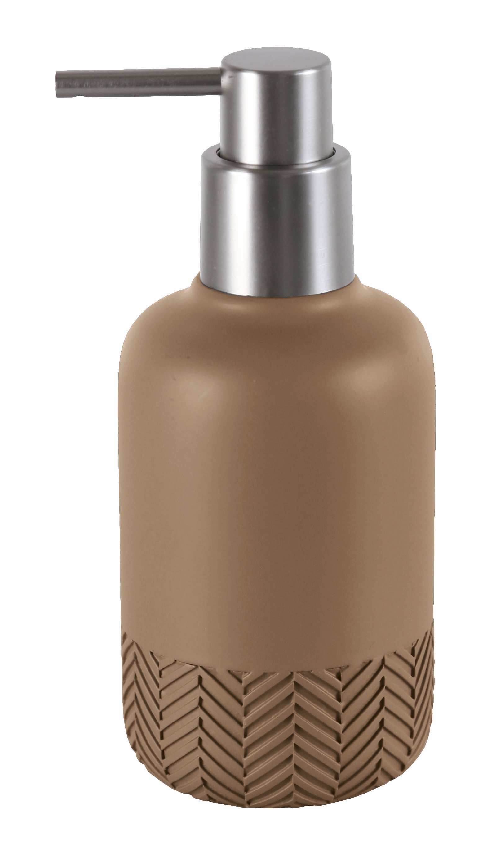 Seifenspender HERRINGBONE kaschmirfarben mit Edelstahlpumpe vor weißem Hintergrund.