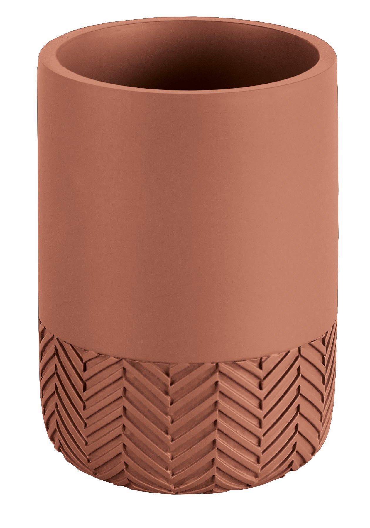 Zahnputzbecher HERRINGBONE in Terrabraun mit strukturierter Unterseite steht vor weißem Hintergrund.