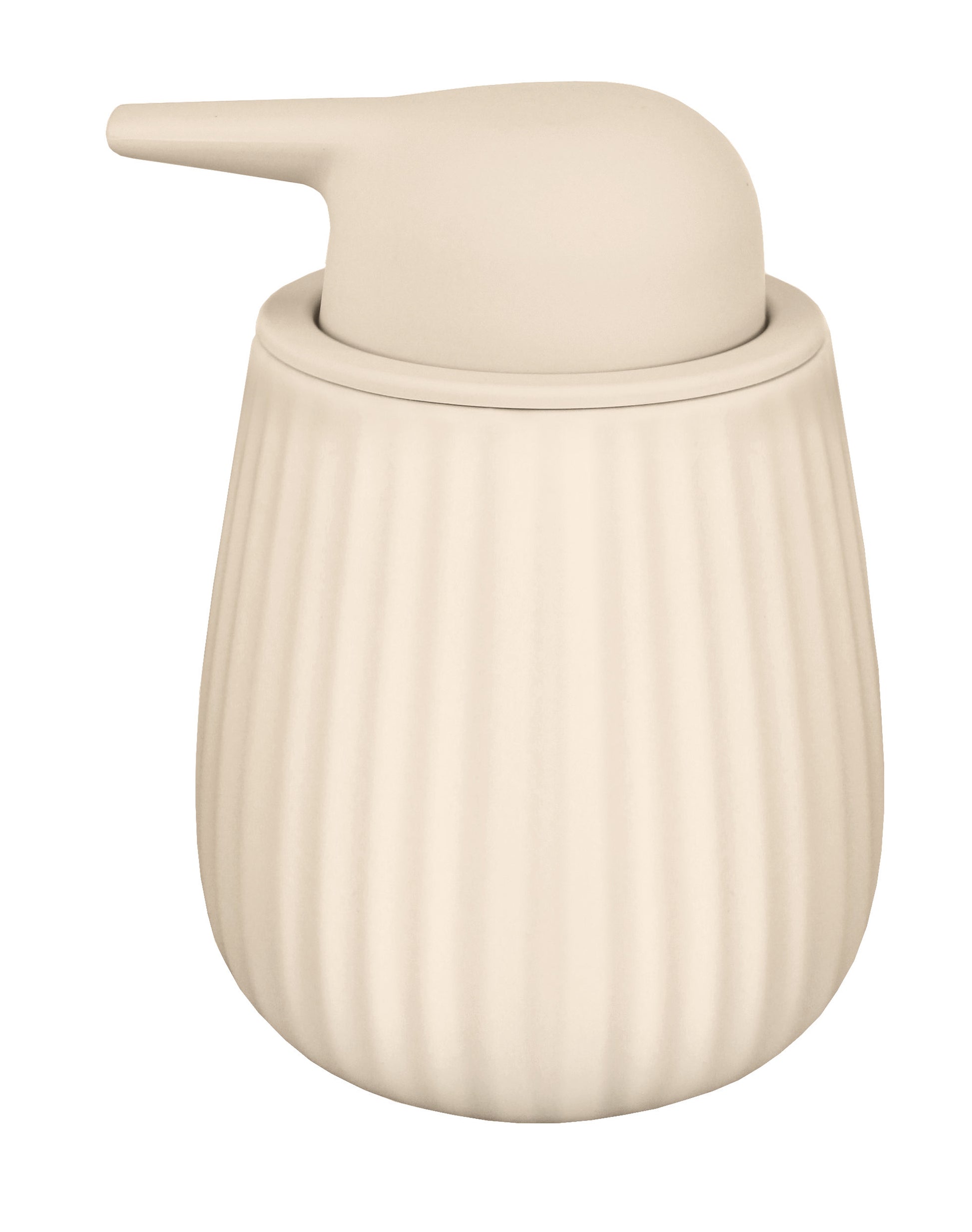 Beiger runder Seifenspender aus matter Keramik mit gerillter Oberfläche