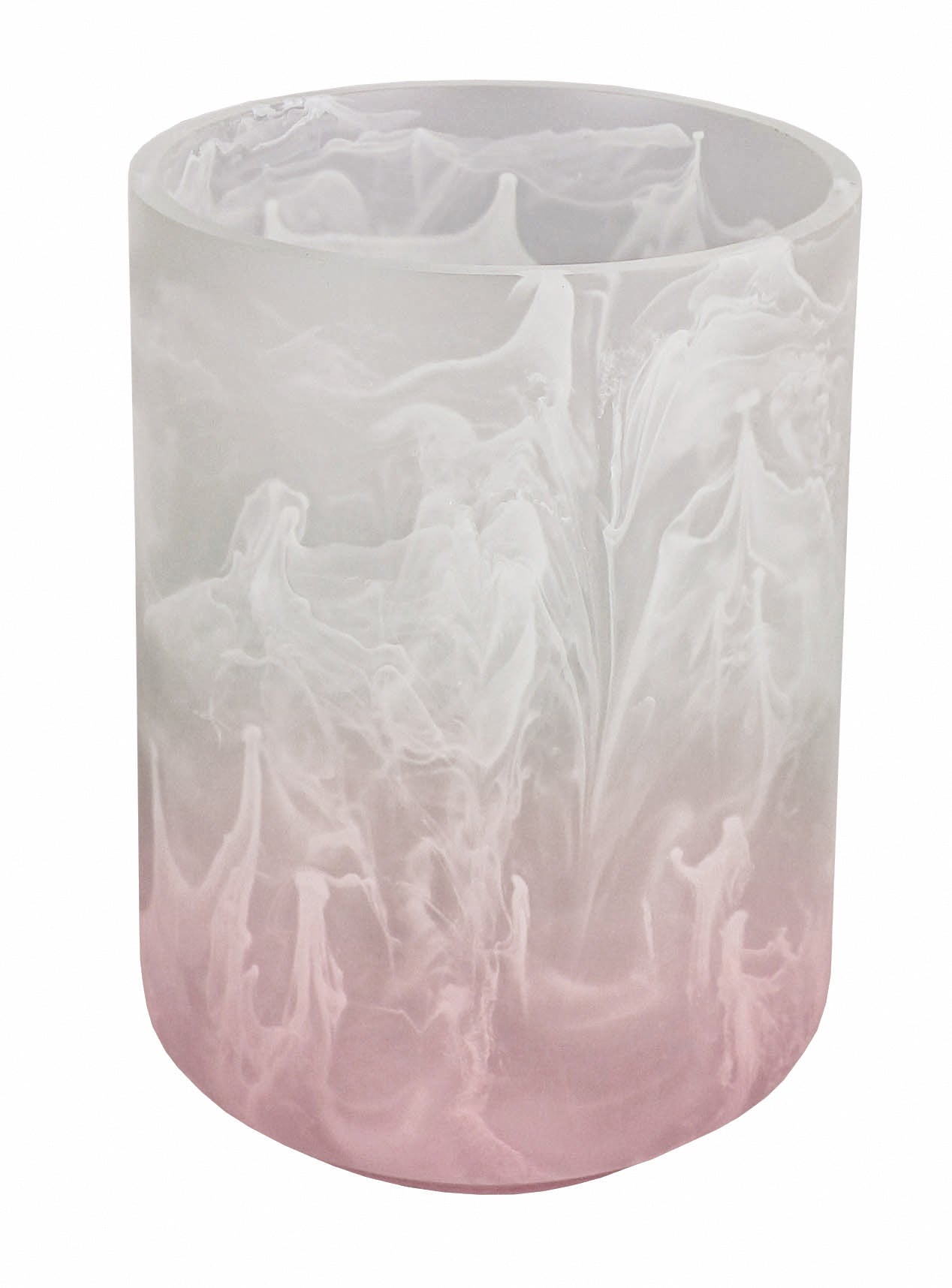 Zahnputzbecher FAIRY Nelke in rosa-weißem Verlauf mit marmorierter Oberfläche steht frei im Bild.