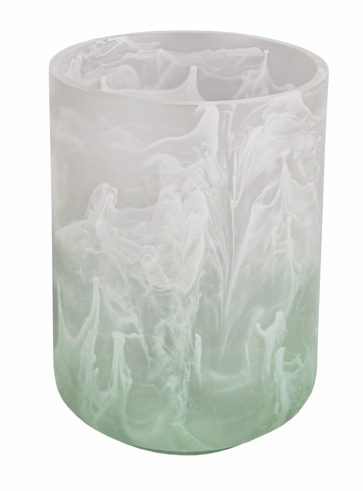 Zahnputzbecher FAIRY Maledivia aus satiniertem Glas mit weiß-grüner Marmorierung, frontal aufgenommen.