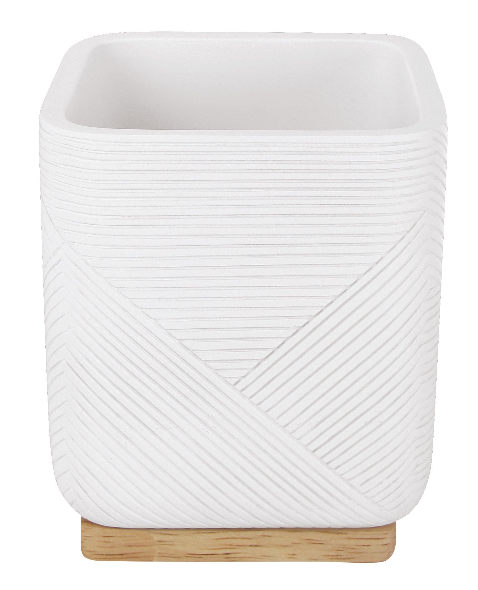 Zahnputzbecher CROSSOVER Weiß mit Struktur steht auf eckigem Holzfuß in Frontansicht.