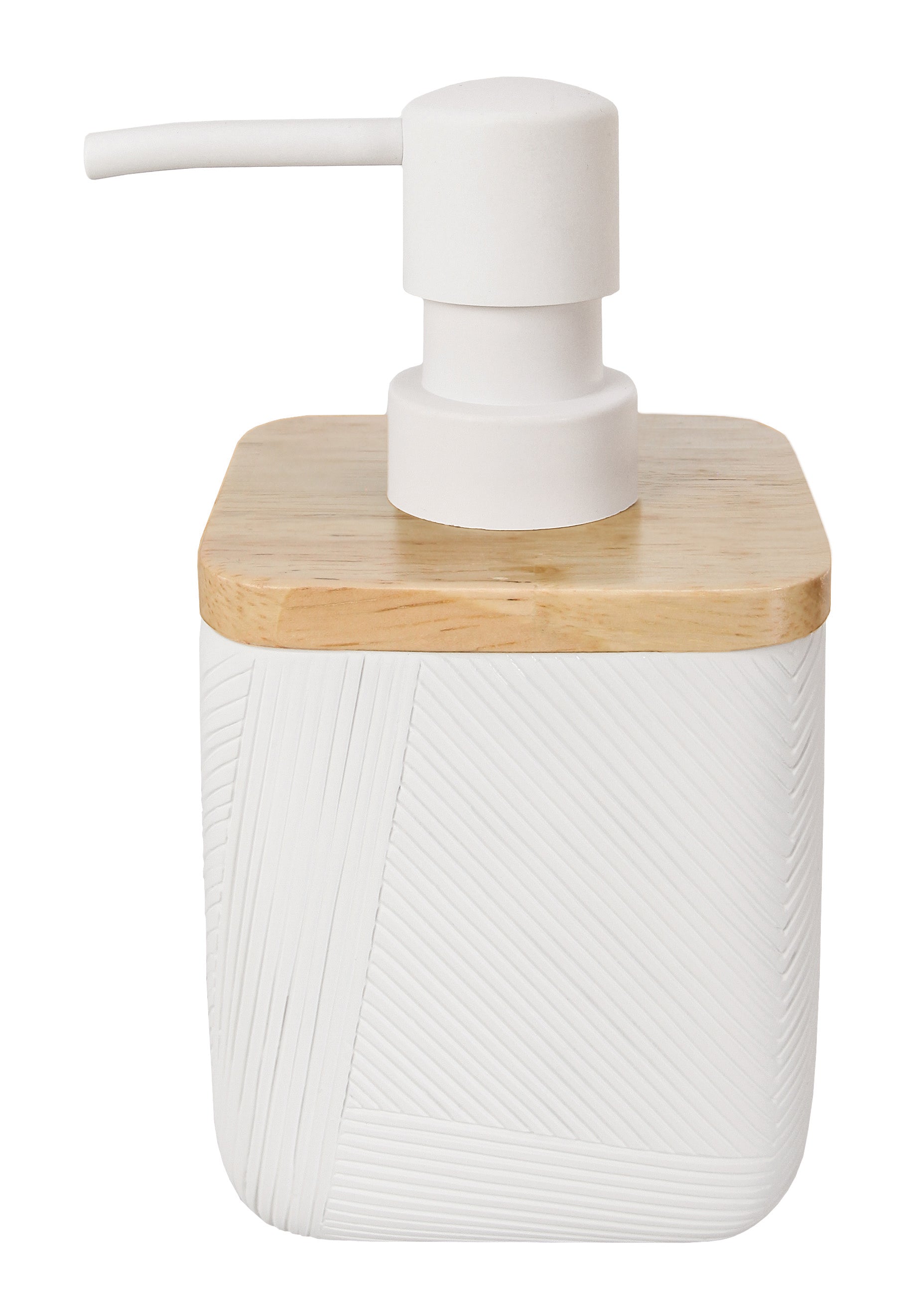 Seifenspender CROSSOVER Weiß mit Holzdeckel und Reliefstruktur steht freigestellt vor weißem Hintergrund.