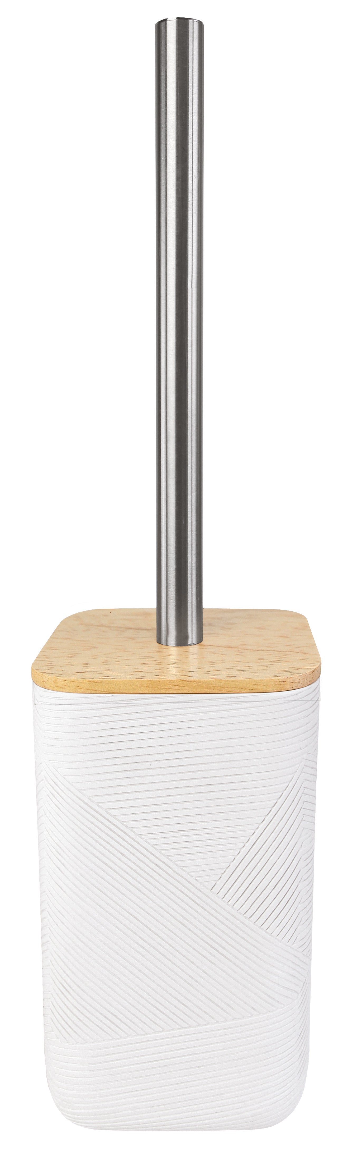 Der WC-Bürsten-Halter CROSSOVER Weiß steht mit Edelstahlstiel aufrecht vor weißem Hintergrund.