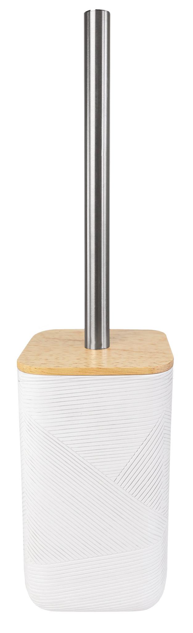 WC-Bürste mit weißem Halter, Holzdeckel und Edelstahl-Stiel quadratisch