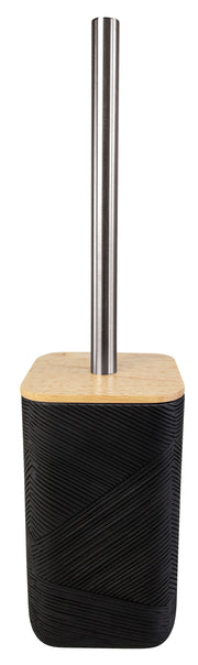 Moderne WC-Bürste mit Edelstahlstiel und schwarzem Halter aus Holz