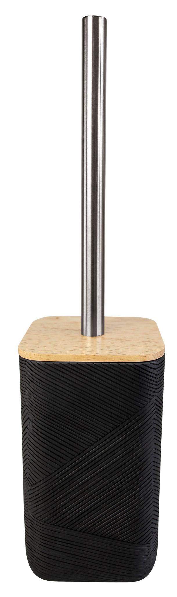 Moderne WC-Bürste mit Edelstahlstiel und schwarzem Halter aus Holz