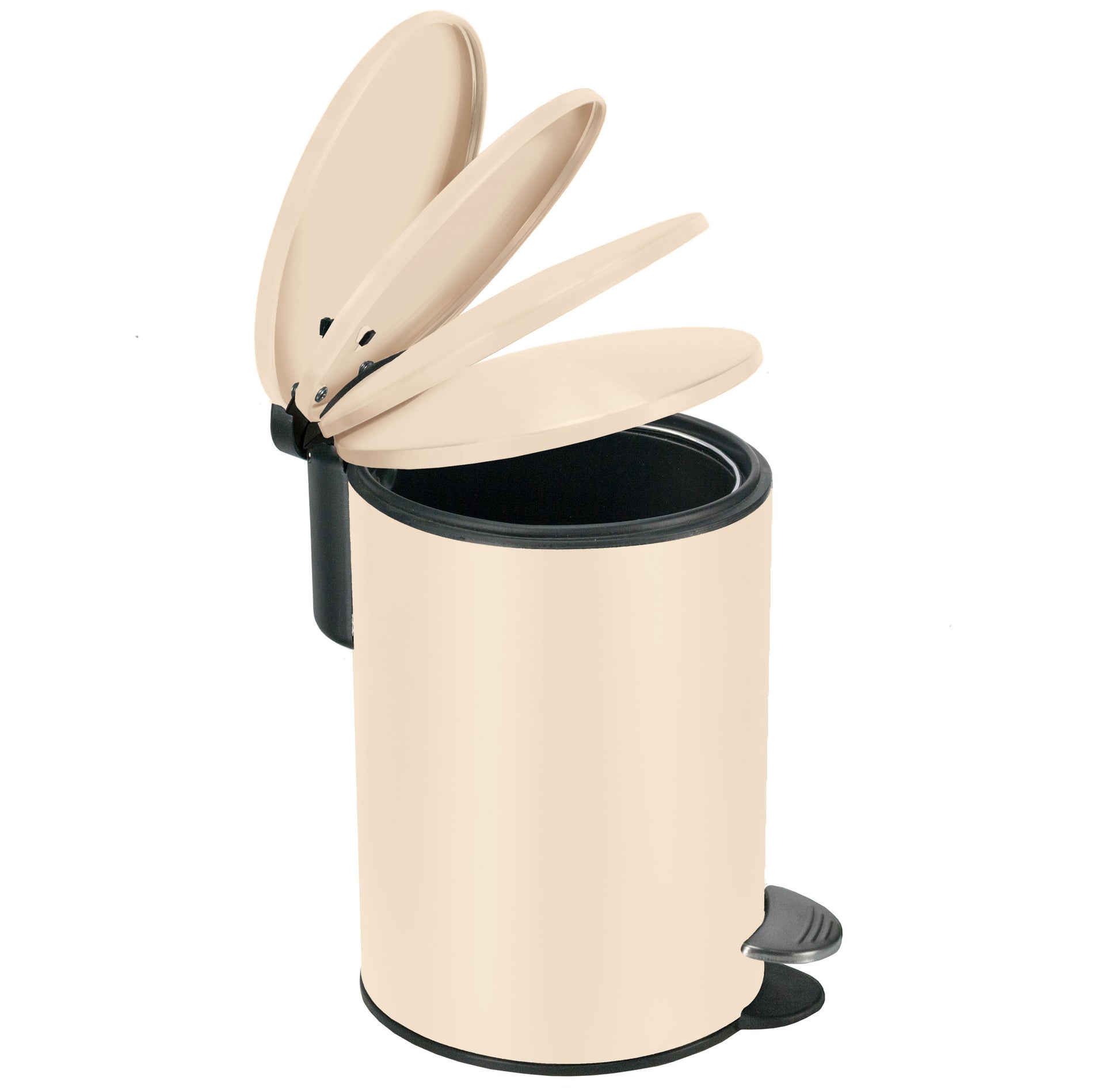 Kosmetikeimer SILENCE Sandbeige 3 Liter mit geöffnetem Deckel und Fußpedal aus seitlicher Perspektive.