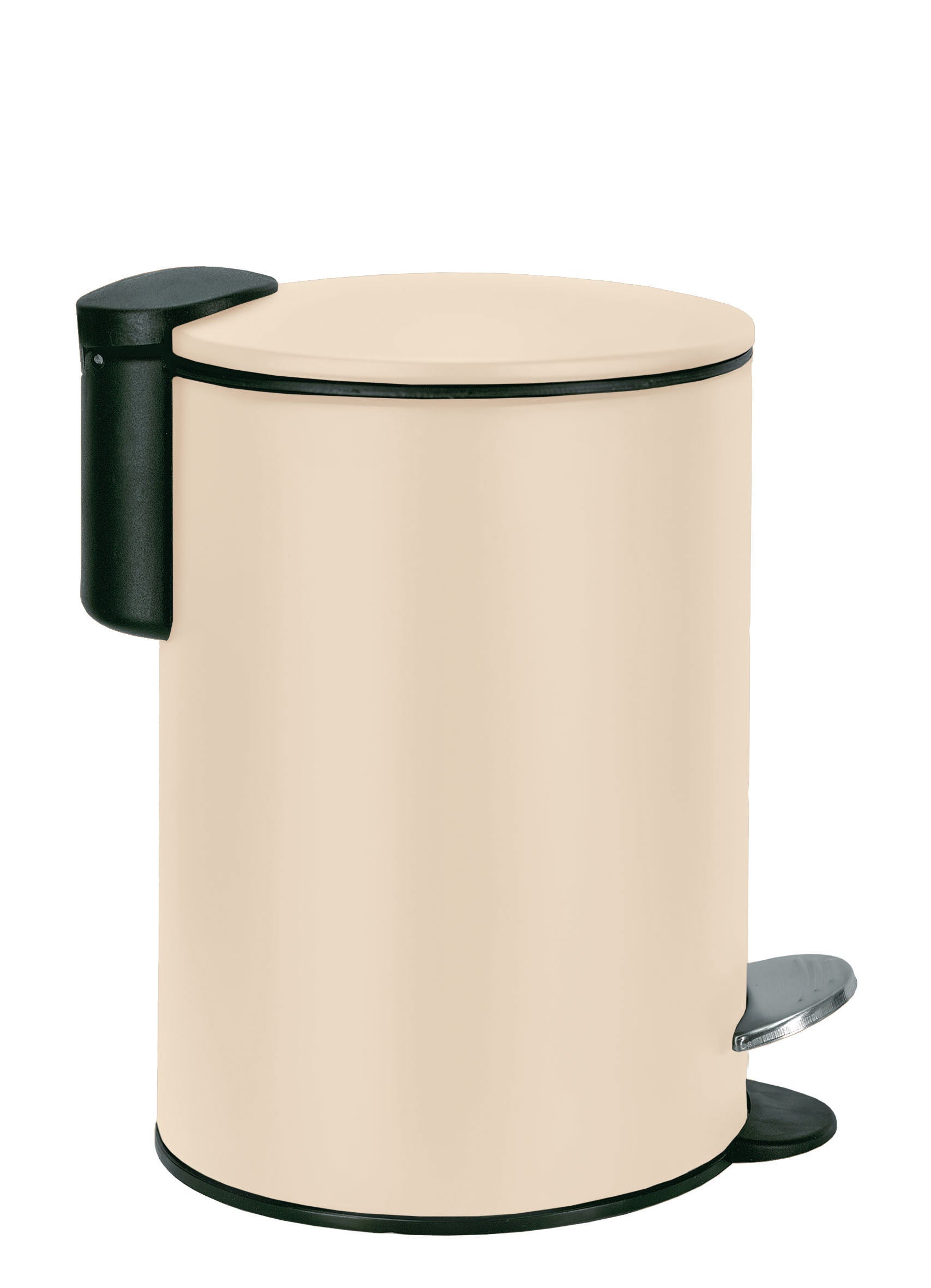 Kosmetikeimer SILENCE in Sandbeige mit 3 Litern Volumen steht mit Pedal auf hellem Hintergrund.