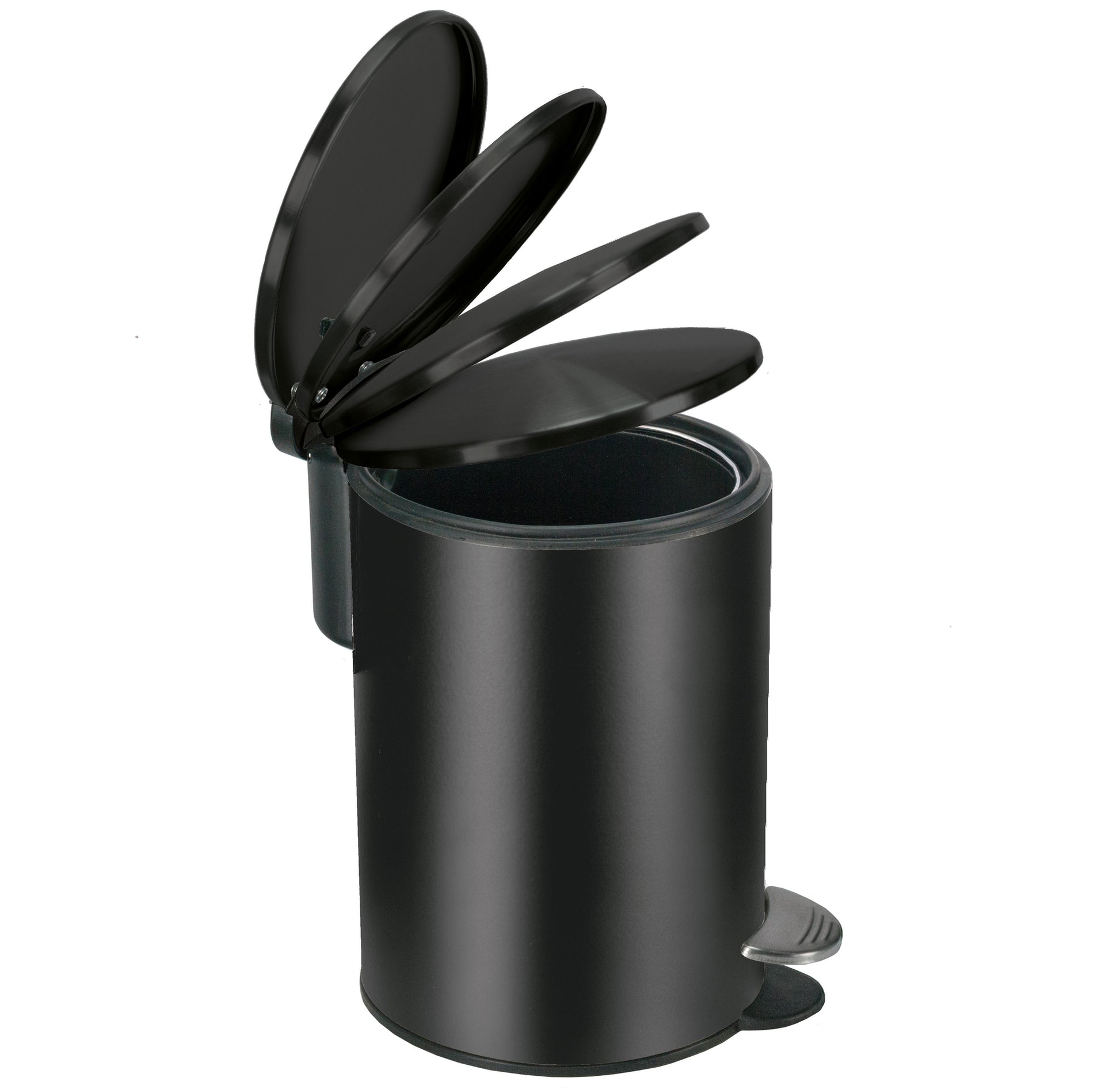 Kosmetikeimer SILENCE Schwarz 3 Liter steht mit geöffnetem Deckel und Pedal auf einer hellen Fläche.