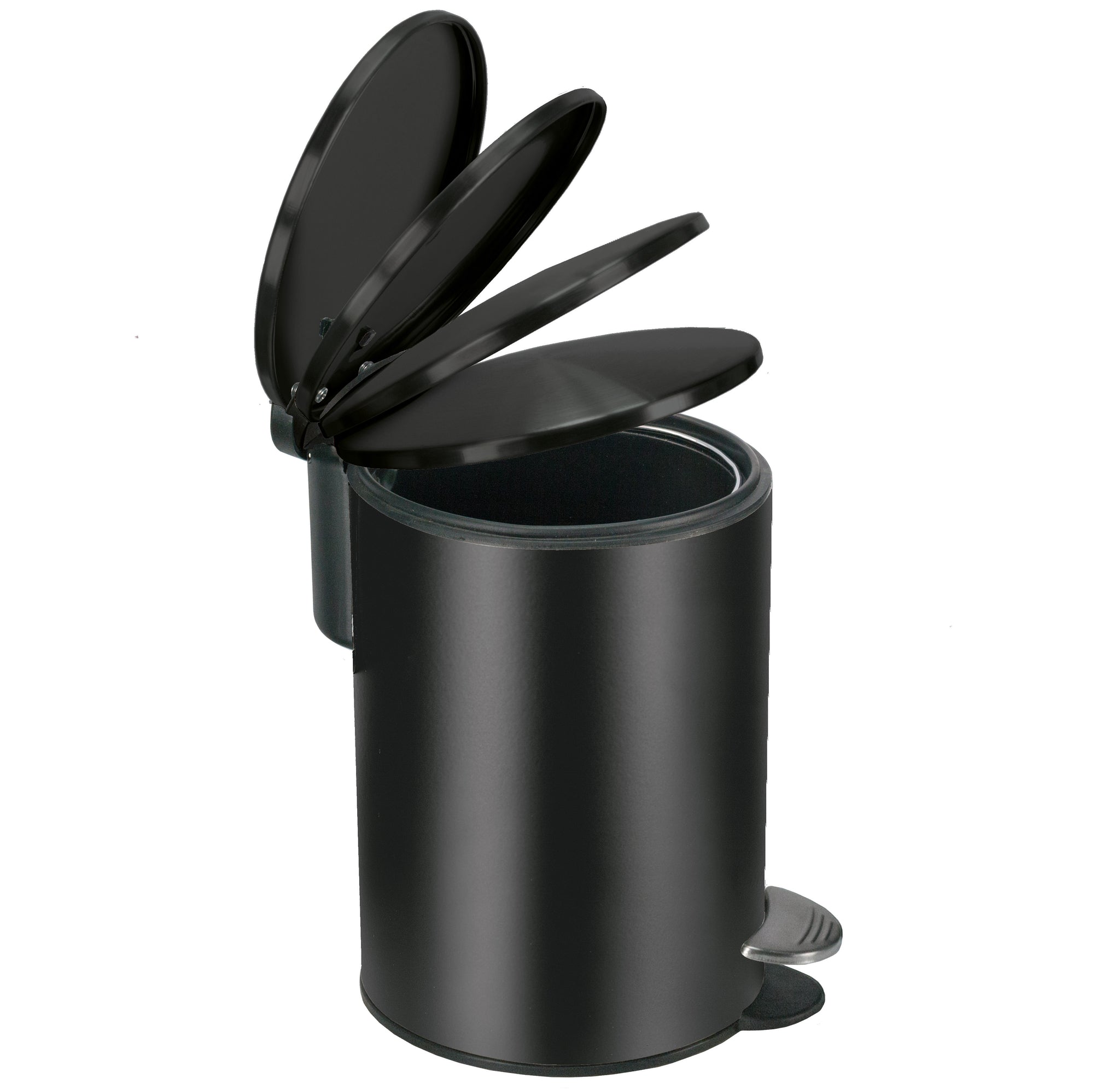 Kosmetikeimer SILENCE Schwarz 3 Liter steht mit geöffnetem Deckel und Pedal auf einer hellen Fläche.