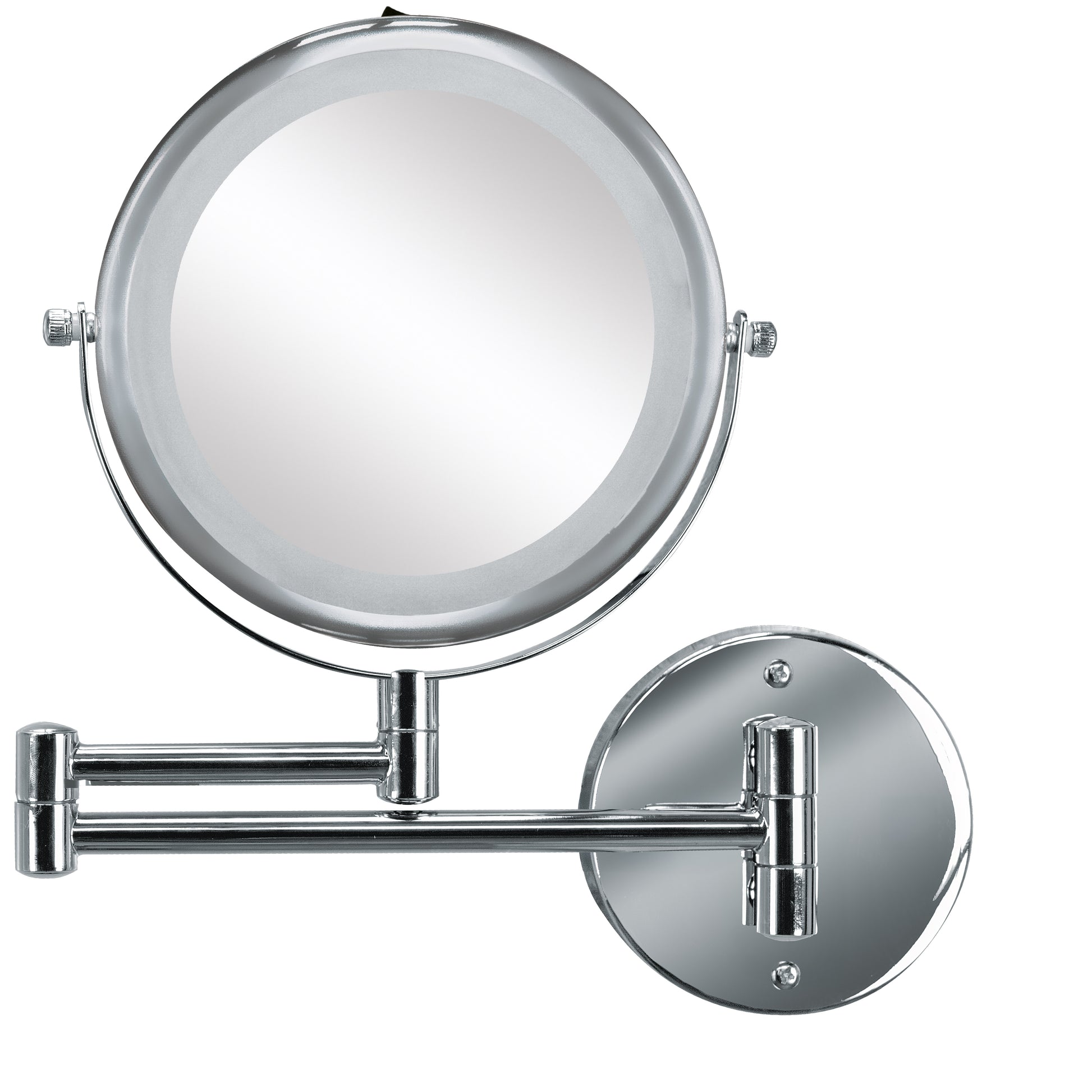 Runder verchromter Kosmetikspiegel mit schwenkbarem Doppelauszugsarm