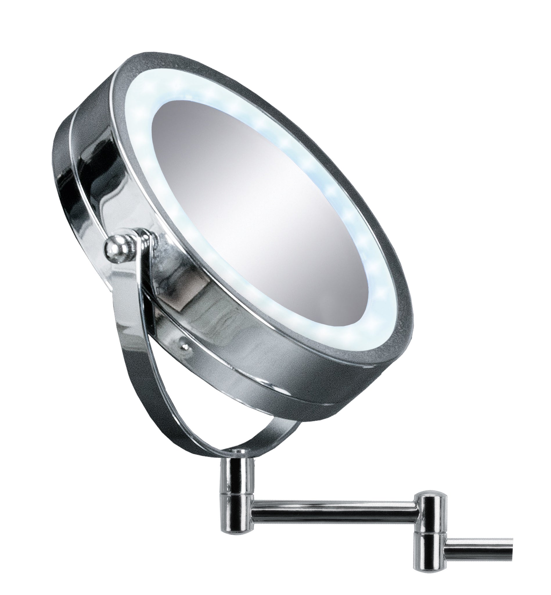 Runder, verchromter LED-Kosmetikspiegel mit schwenkbarem Arm Wandmontage