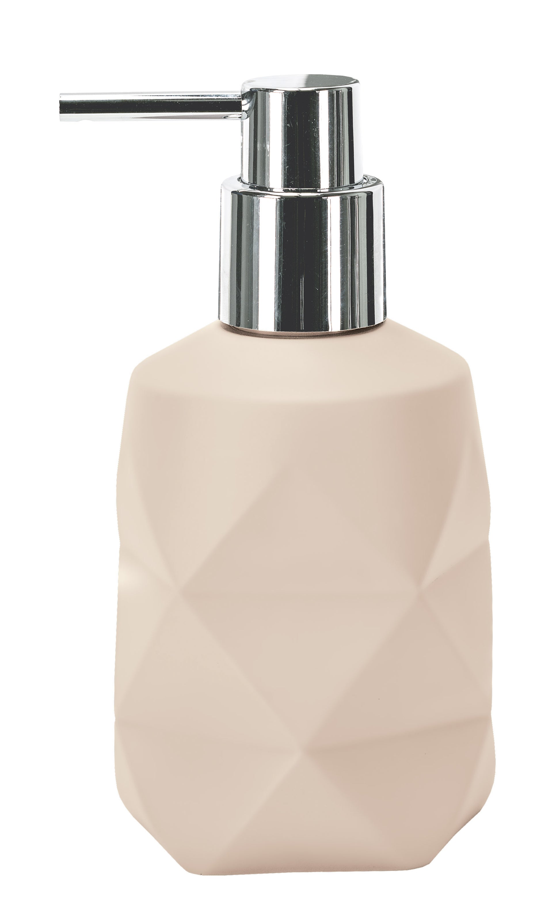 Seifenspender CRACKLE Sandbeige steht mit silberner Pumpe im Badezimmer.