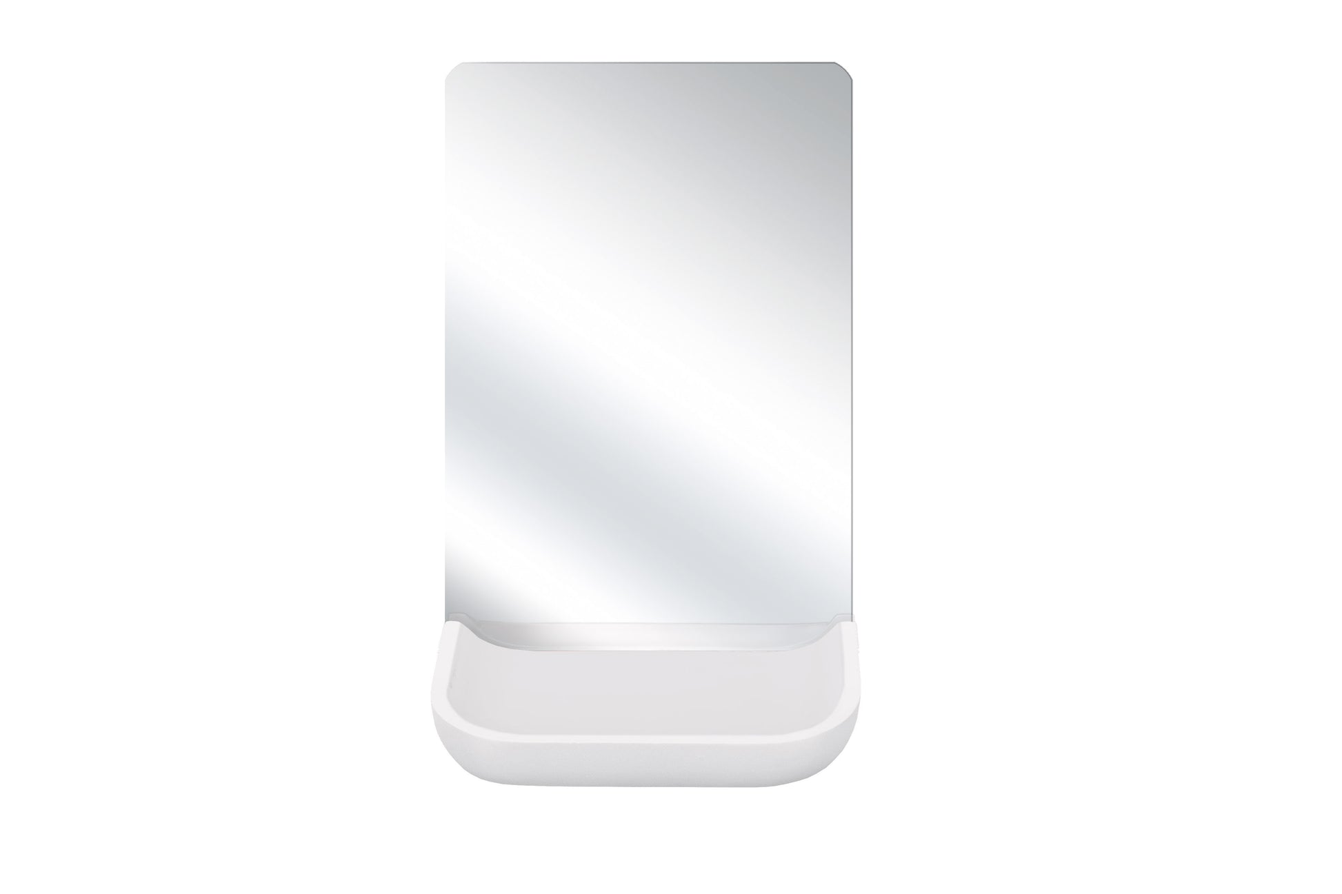Rechteckiger Badspiegel mit abgerundeten Ecken und weißer Ablage