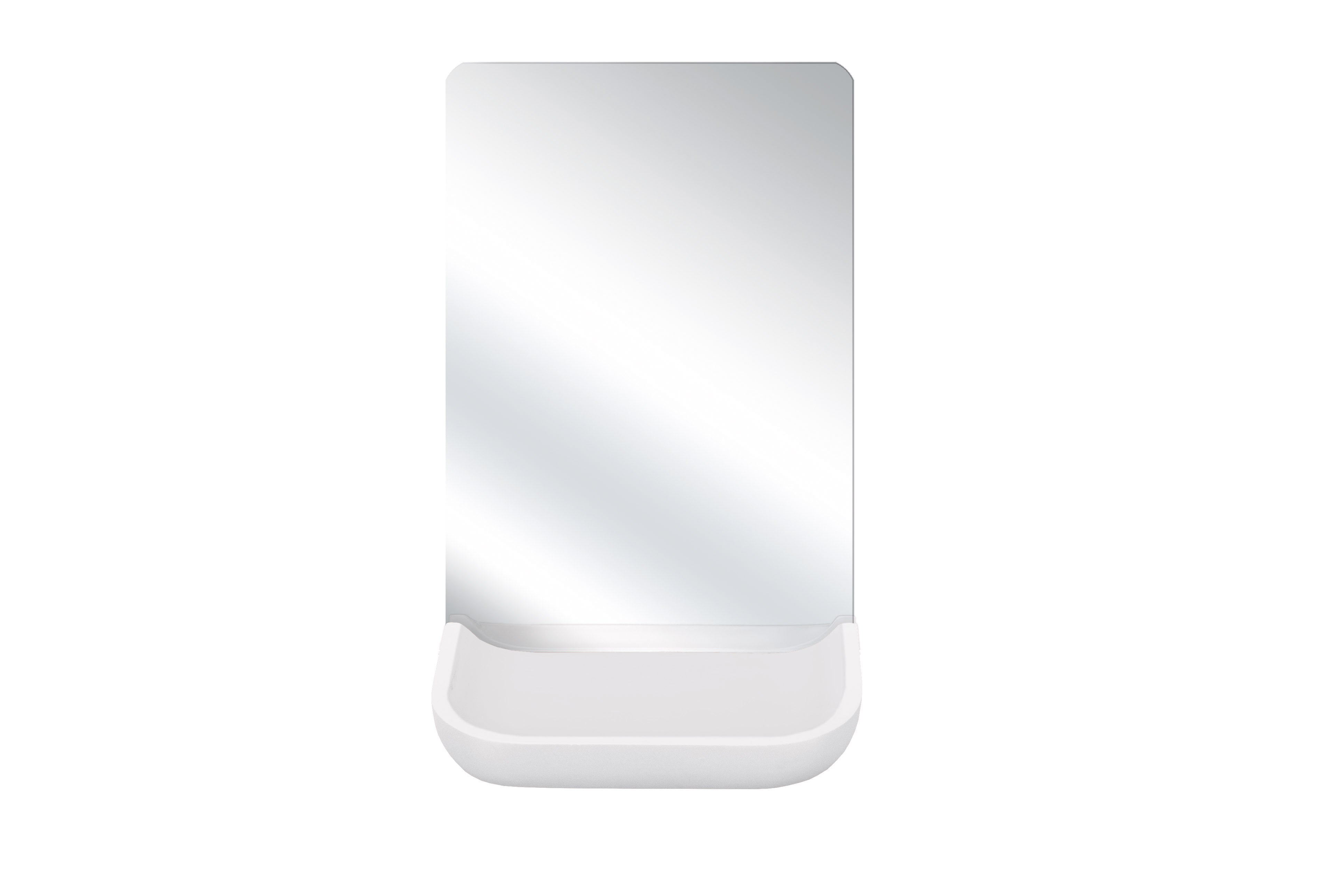 Rechteckiger Badspiegel mit abgerundeten Ecken und weißer Ablage