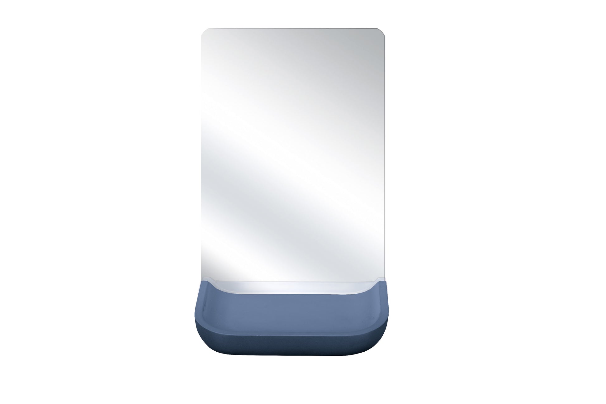 Das Bild zeigt den Kosmetikspiegel TRAY MIRROR Mare mit rechteckigem Spiegel und blauem Ablagefach.