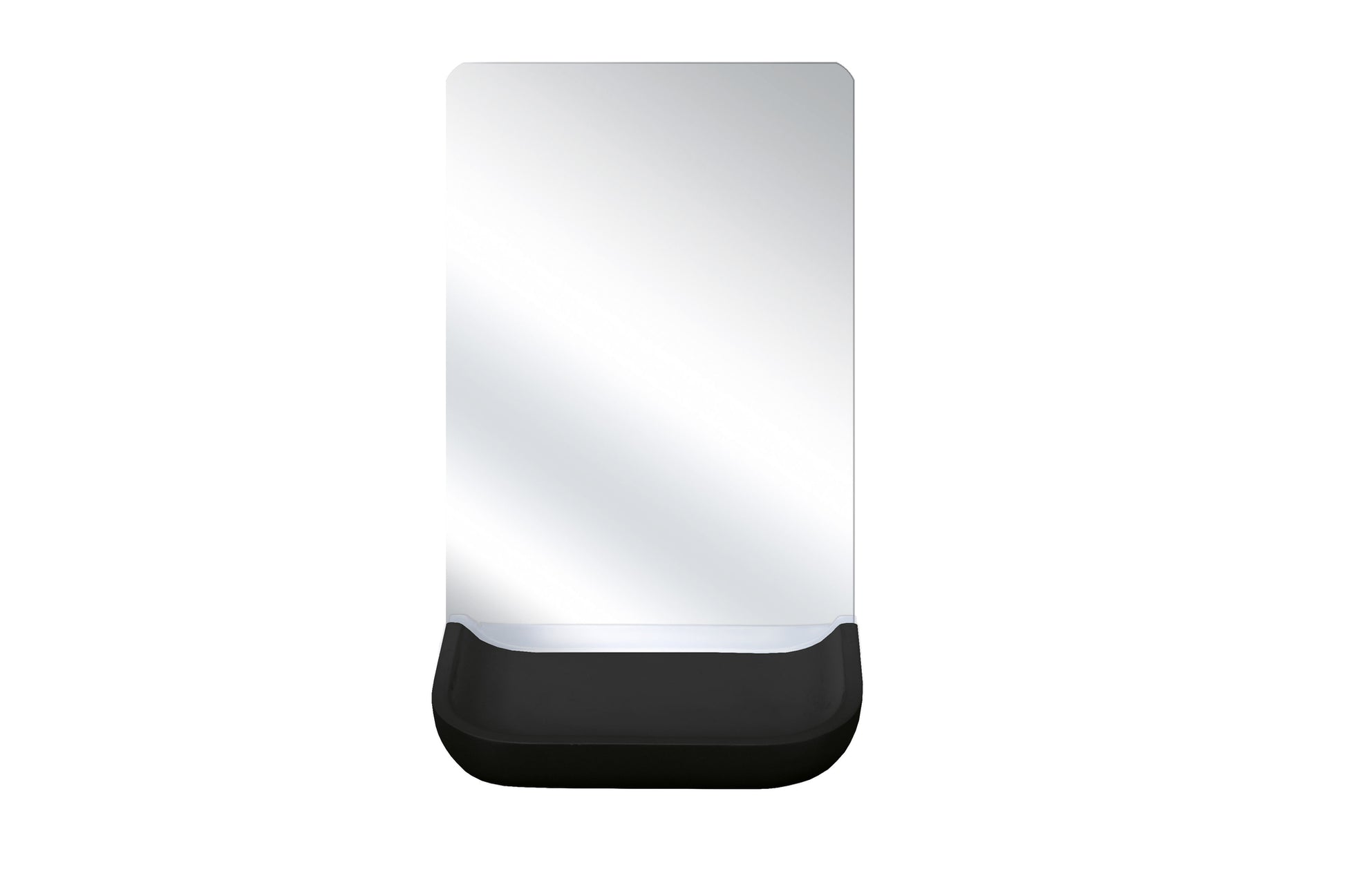 Rechteckiger Badspiegel mit abgerundeten Ecken und schwarzer Ablage