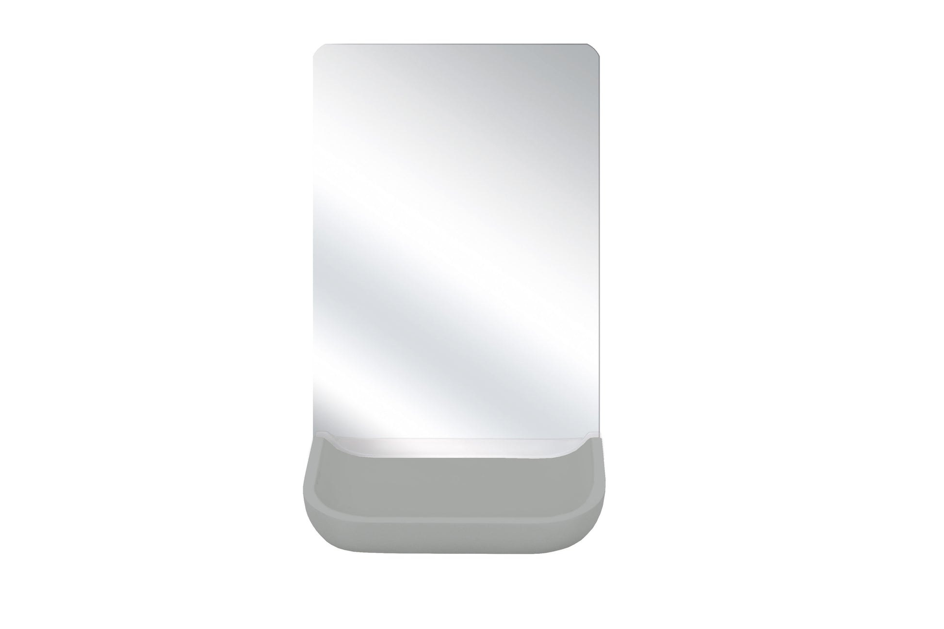 Rechteckiger Badspiegel mit abgerundeten Ecken und grauer Ablage unten