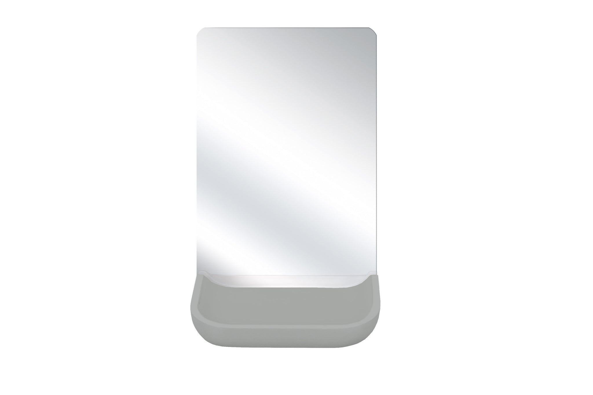 Rechteckiger Badspiegel mit abgerundeten Ecken und grauer Ablage unten