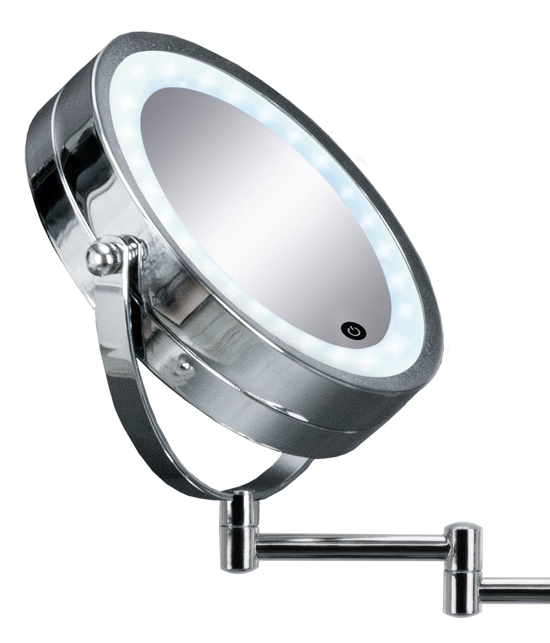 Runder LED-Kosmetikspiegel aus Chrom mit Schwenkarm und Touchschalter