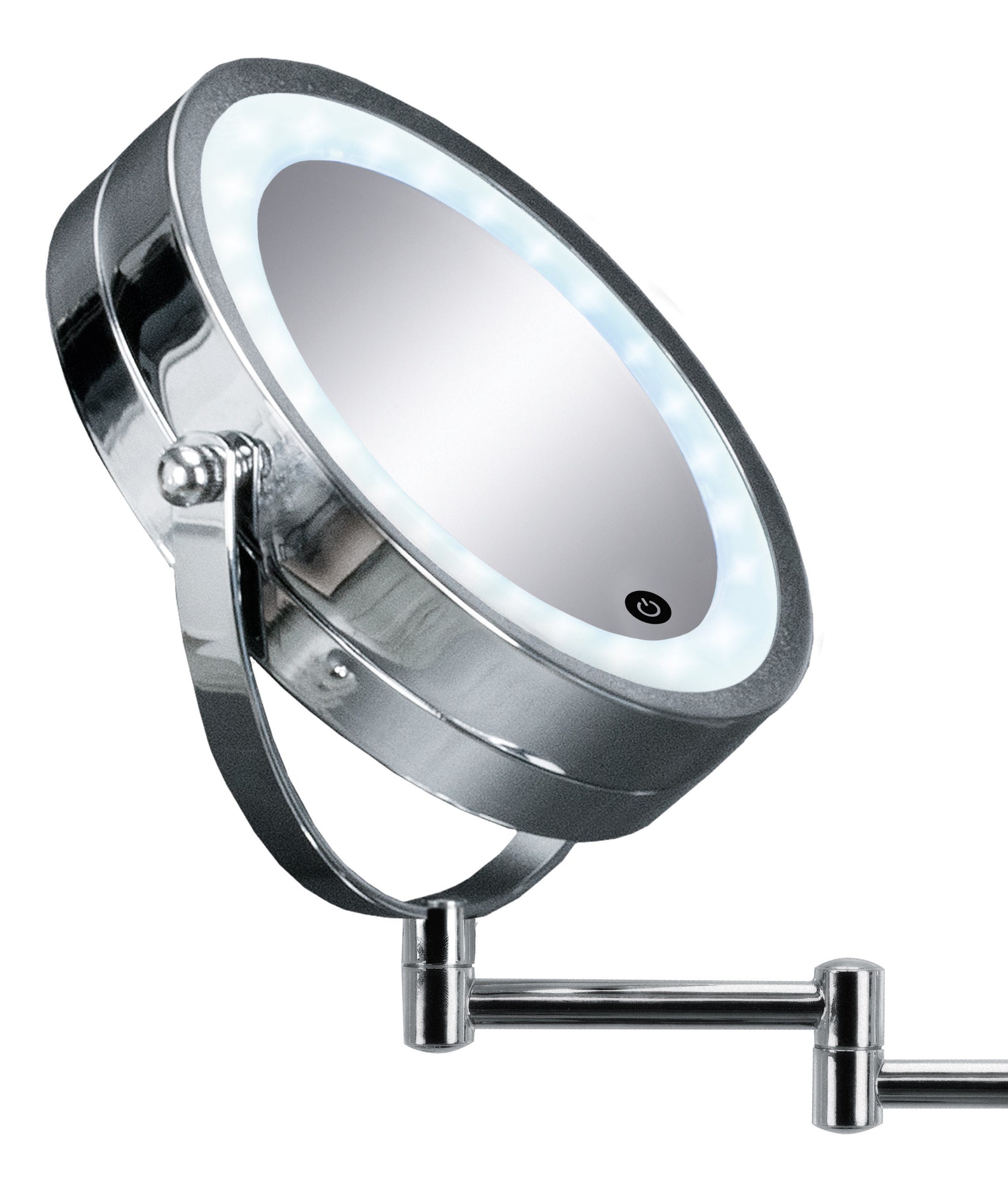 Runder LED-Kosmetikspiegel aus Chrom mit Schwenkarm und Touchschalter