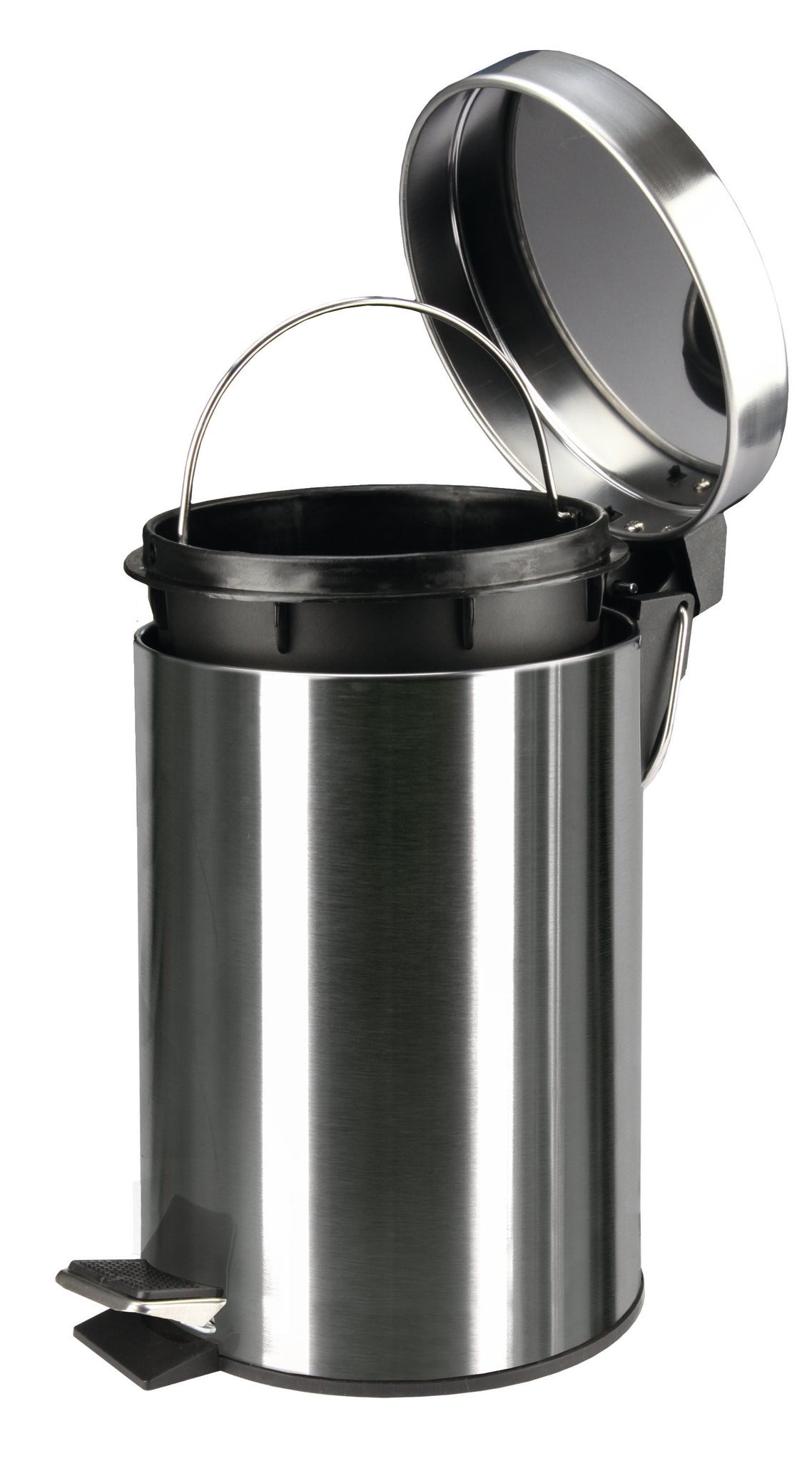 Runder silberner Treteimer aus Edelstahl mit offenem Deckel und Inneneimer