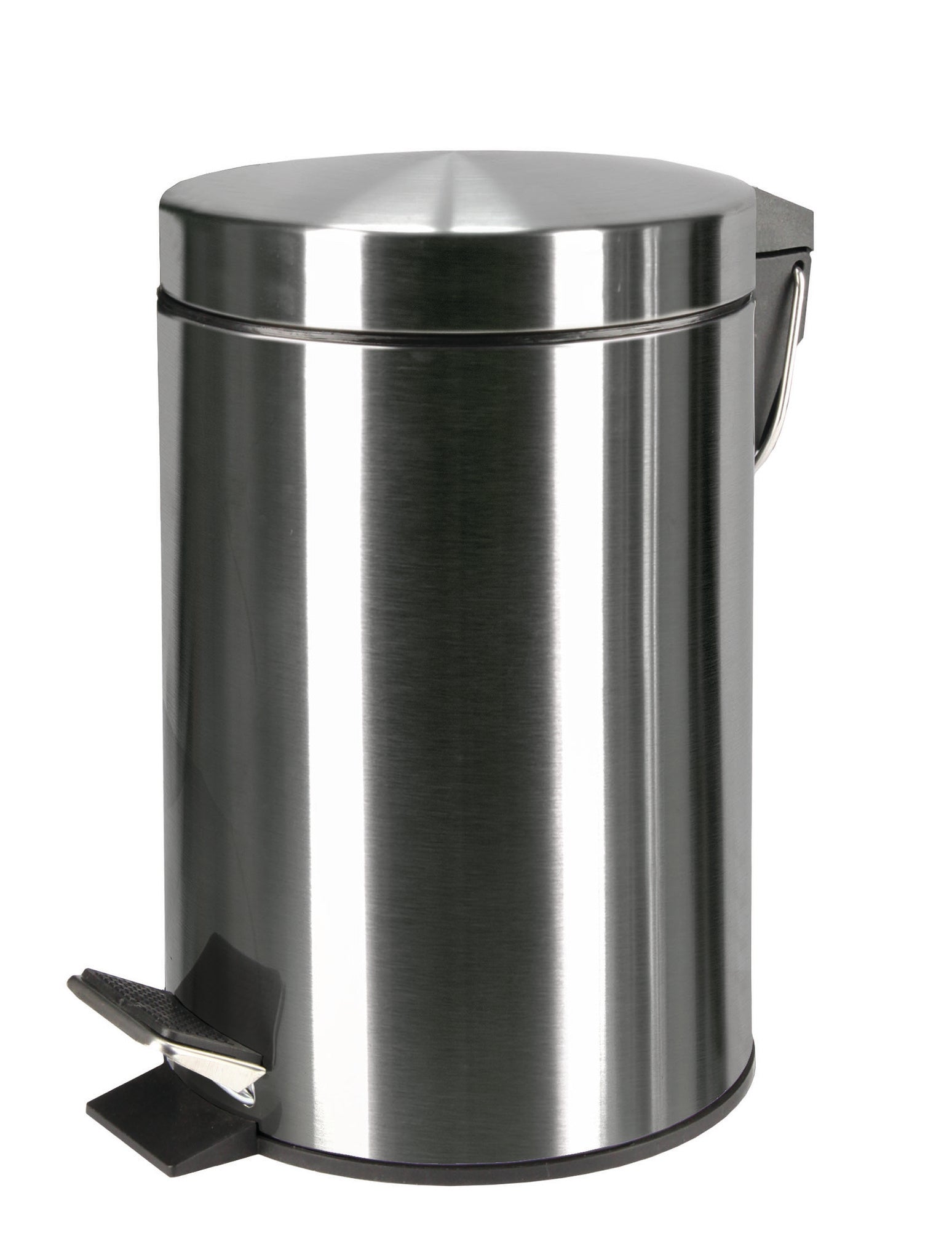 Runder Treteimer aus Edelstahl mit Pedal und Henkel an der Seite oben