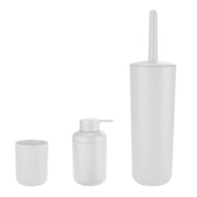 Set aus weißem Zahnputzbecher, Seifenspender und WC-Bürste aus Kunststoff