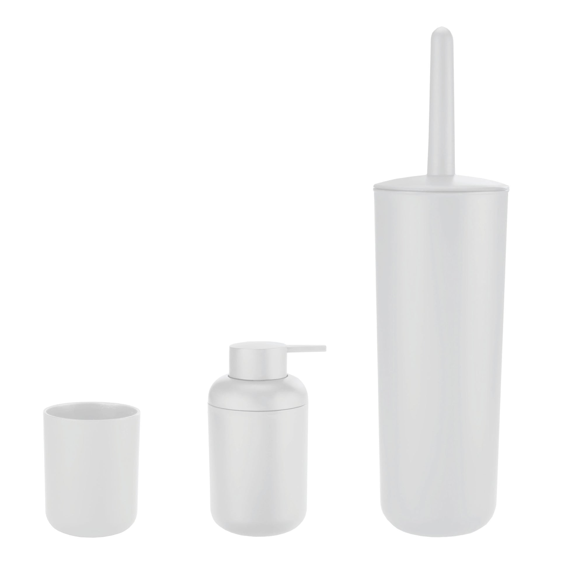 Set aus weißem Zahnputzbecher, Seifenspender und WC-Bürste aus Kunststoff
