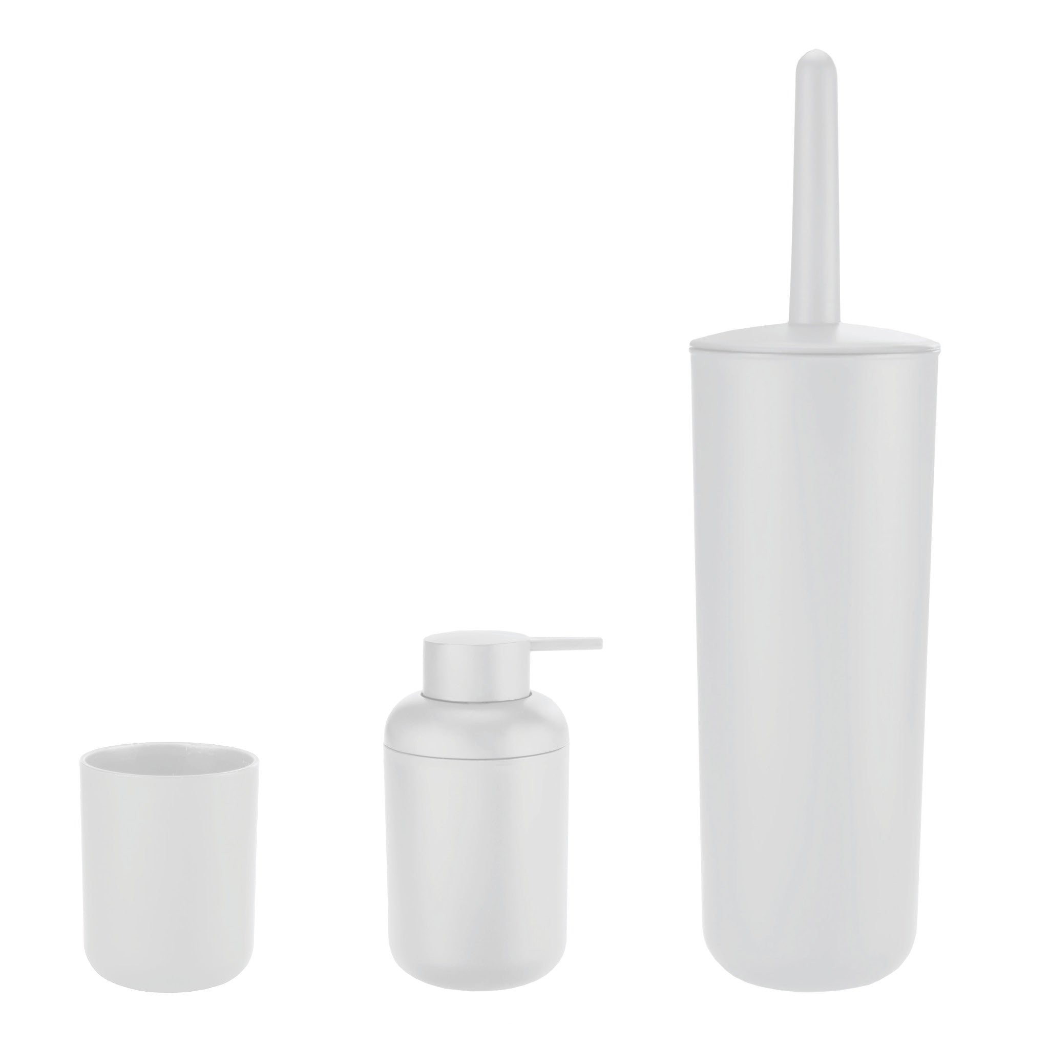 Set aus weißem Zahnputzbecher, Seifenspender und WC-Bürste aus Kunststoff