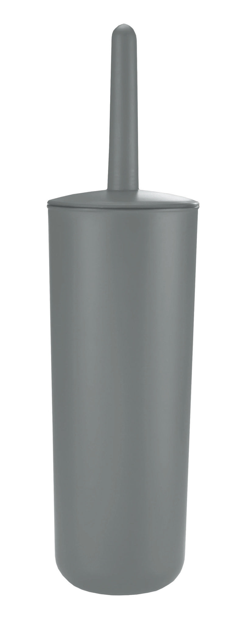 Graue WC-Bürste mit passendem, zylindrischem Behälter mit Deckel oben