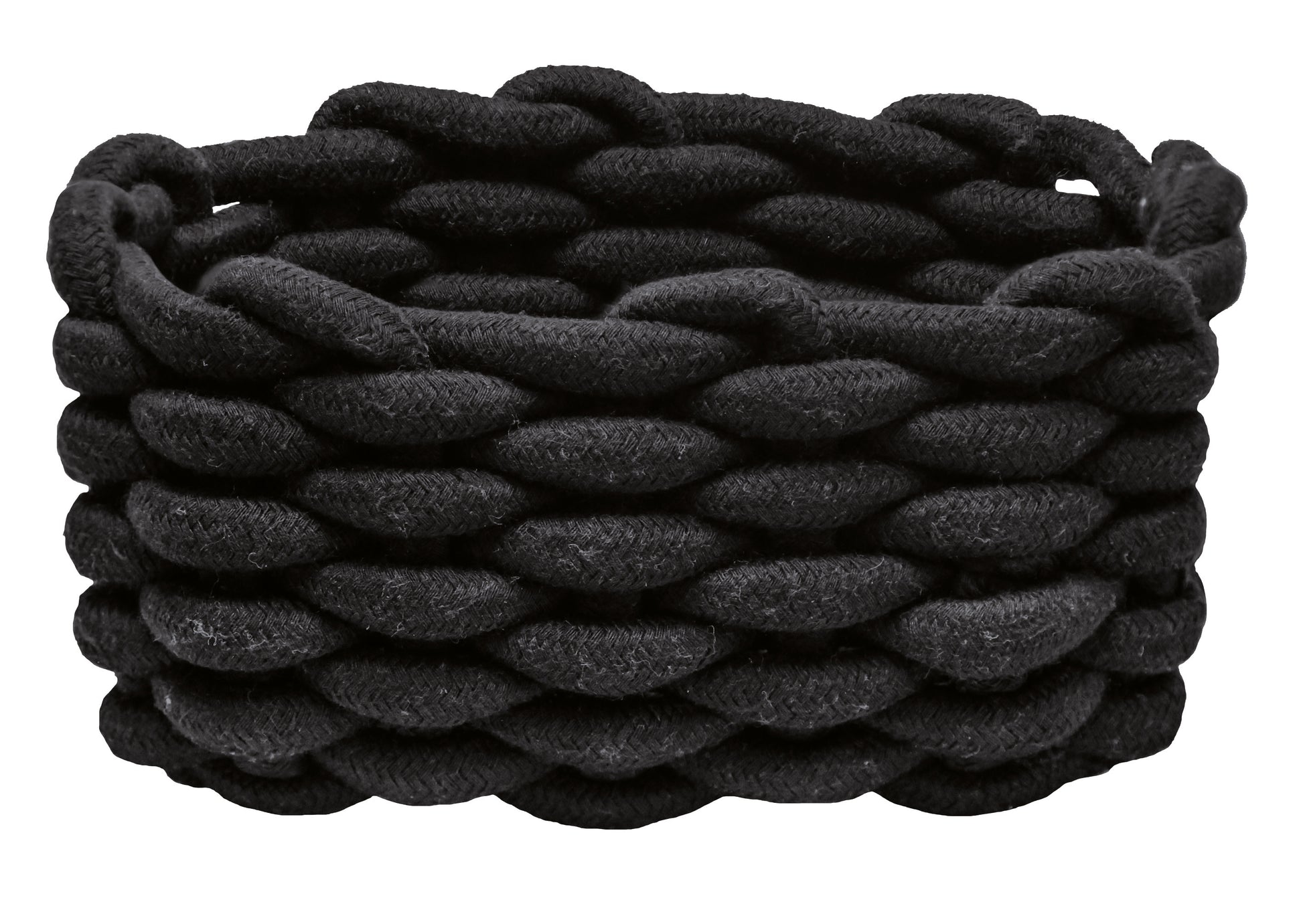 Aufbewahrungskorb FELLONE Schwarz M aus dicker, geflochtener Baumwolle steht freigestellt im Bild.