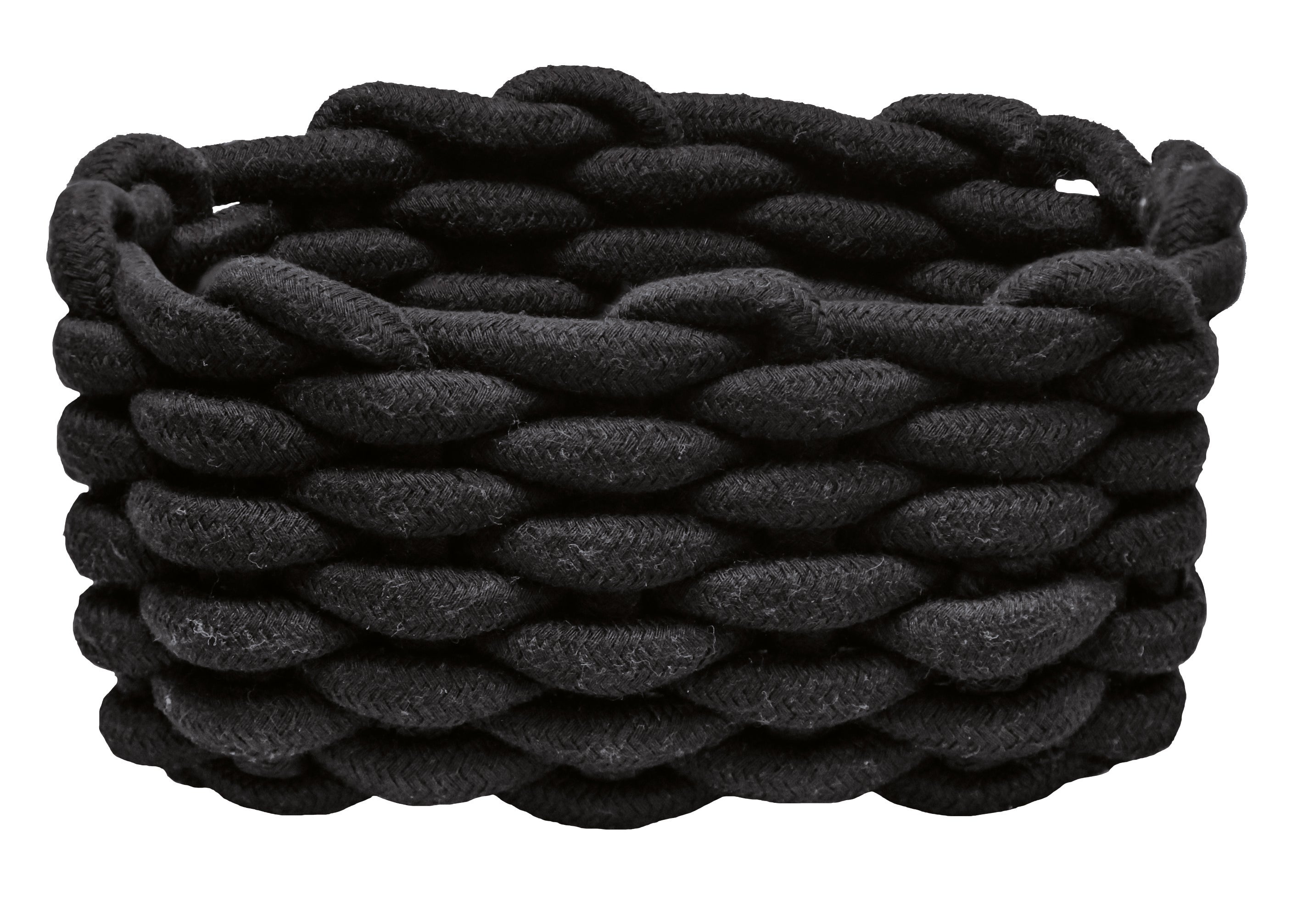 Aufbewahrungskorb FELLONE Schwarz M aus dicker, geflochtener Baumwolle steht freigestellt im Bild.