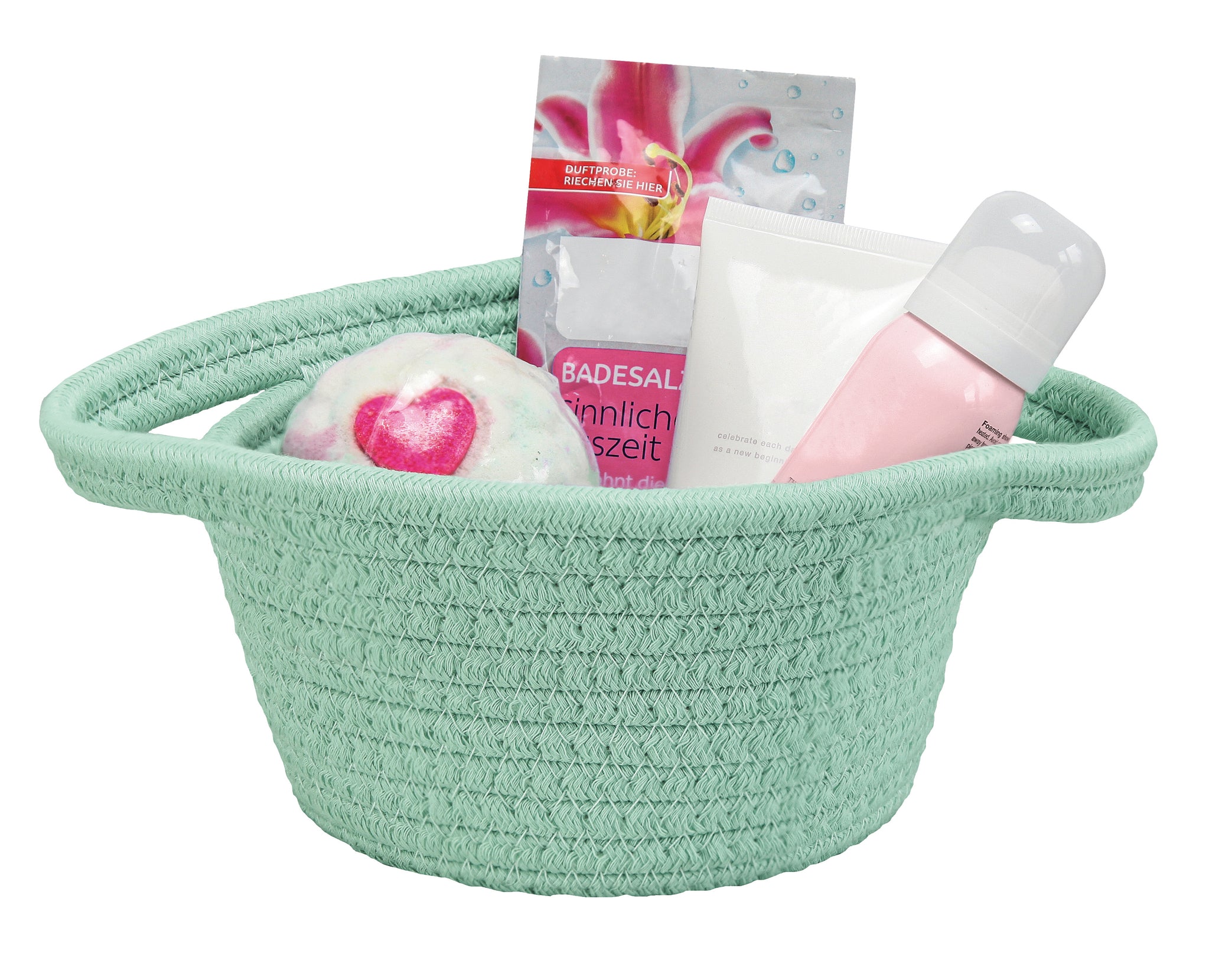 Mintgrüner Flechtkorb mit Badesalz, Duschgel, Schaum und Badebombe