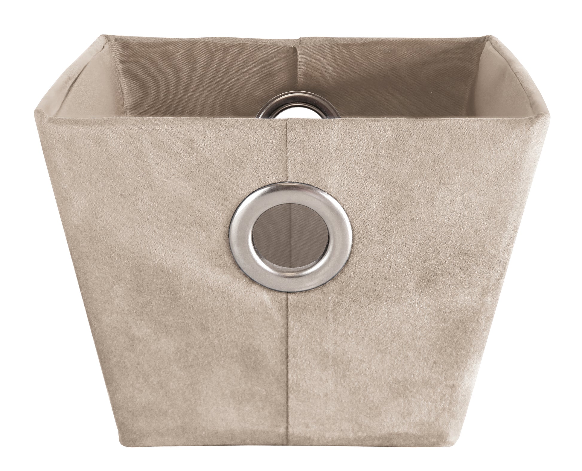 Beiger Aufbewahrungskorb SUEDE Bast M aus Stoff mit rundem Metallring an der Vorderseite.