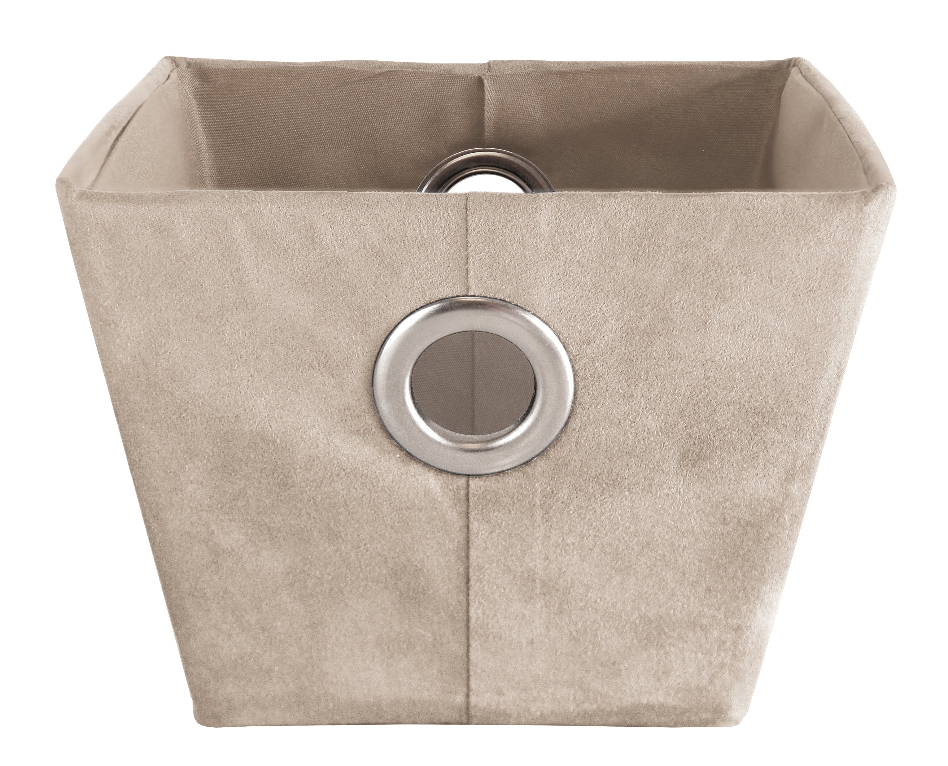 Beiger Aufbewahrungskorb SUEDE Bast M aus Stoff mit rundem Metallring an der Vorderseite.