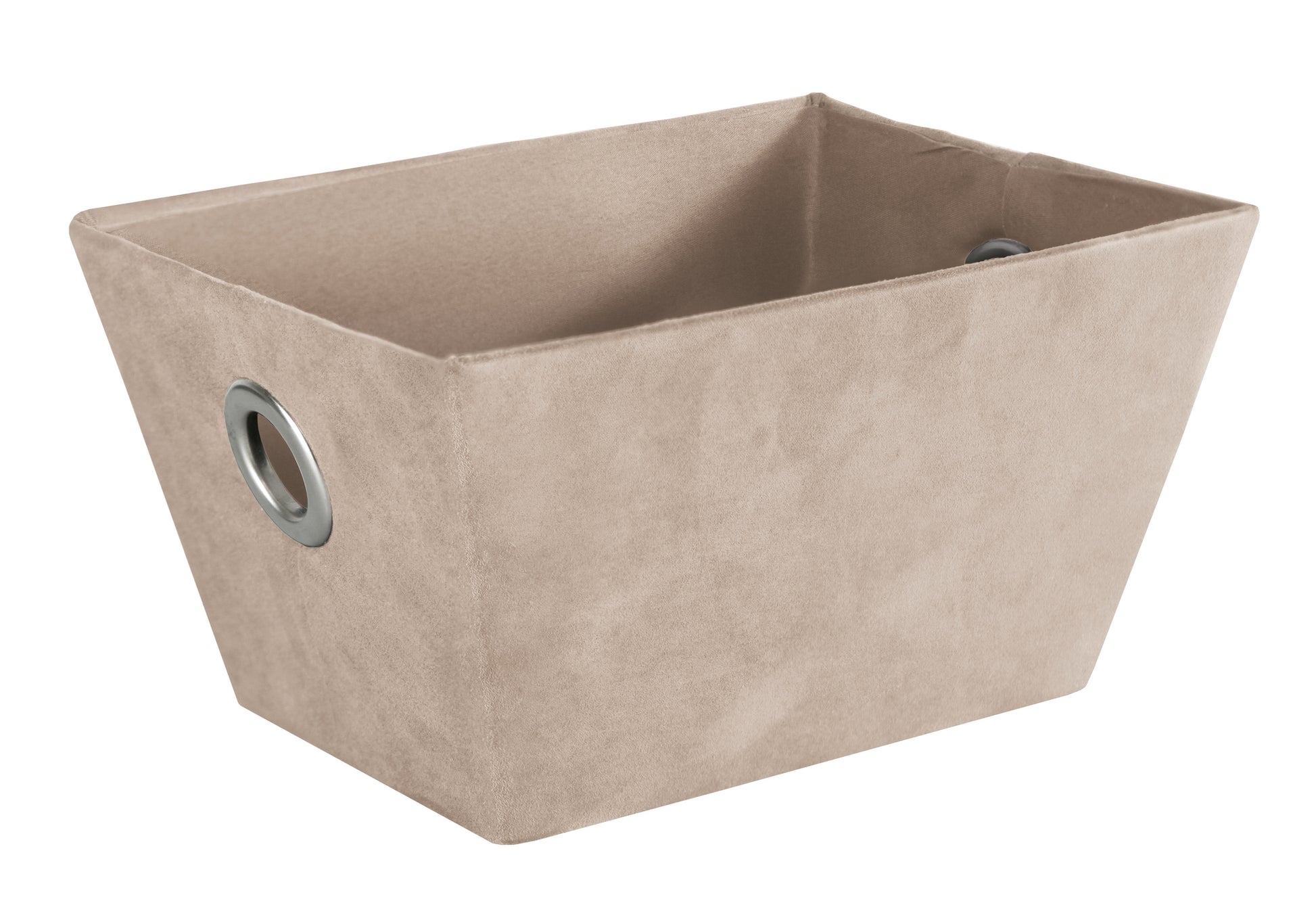 Beiger Aufbewahrungskorb SUEDE Bast M mit rechteckiger Form und Metallösen an der Seite.