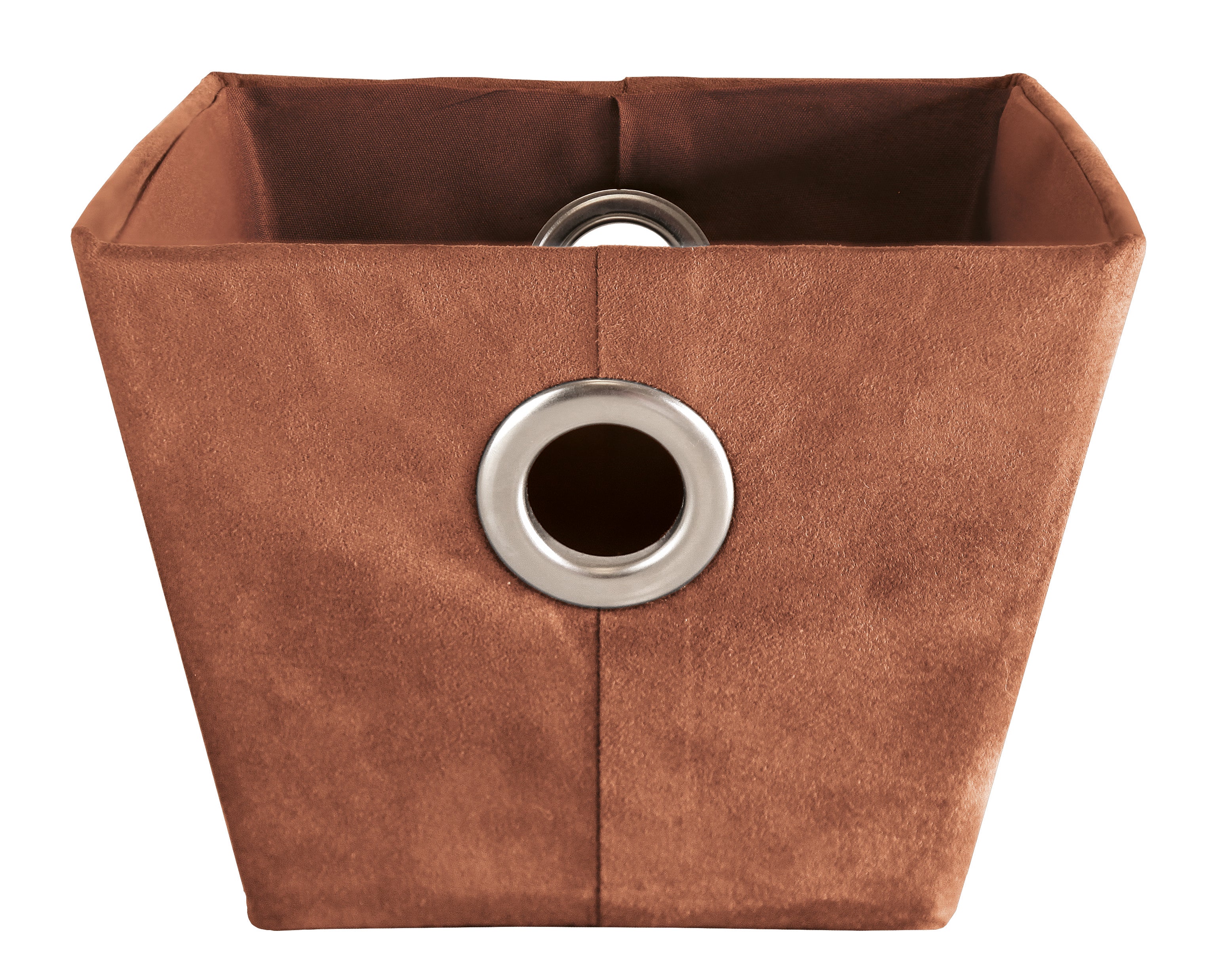 Brauner Aufbewahrungskorb SUEDE Brasil M mit runder Metallöse auf der Vorderseite.