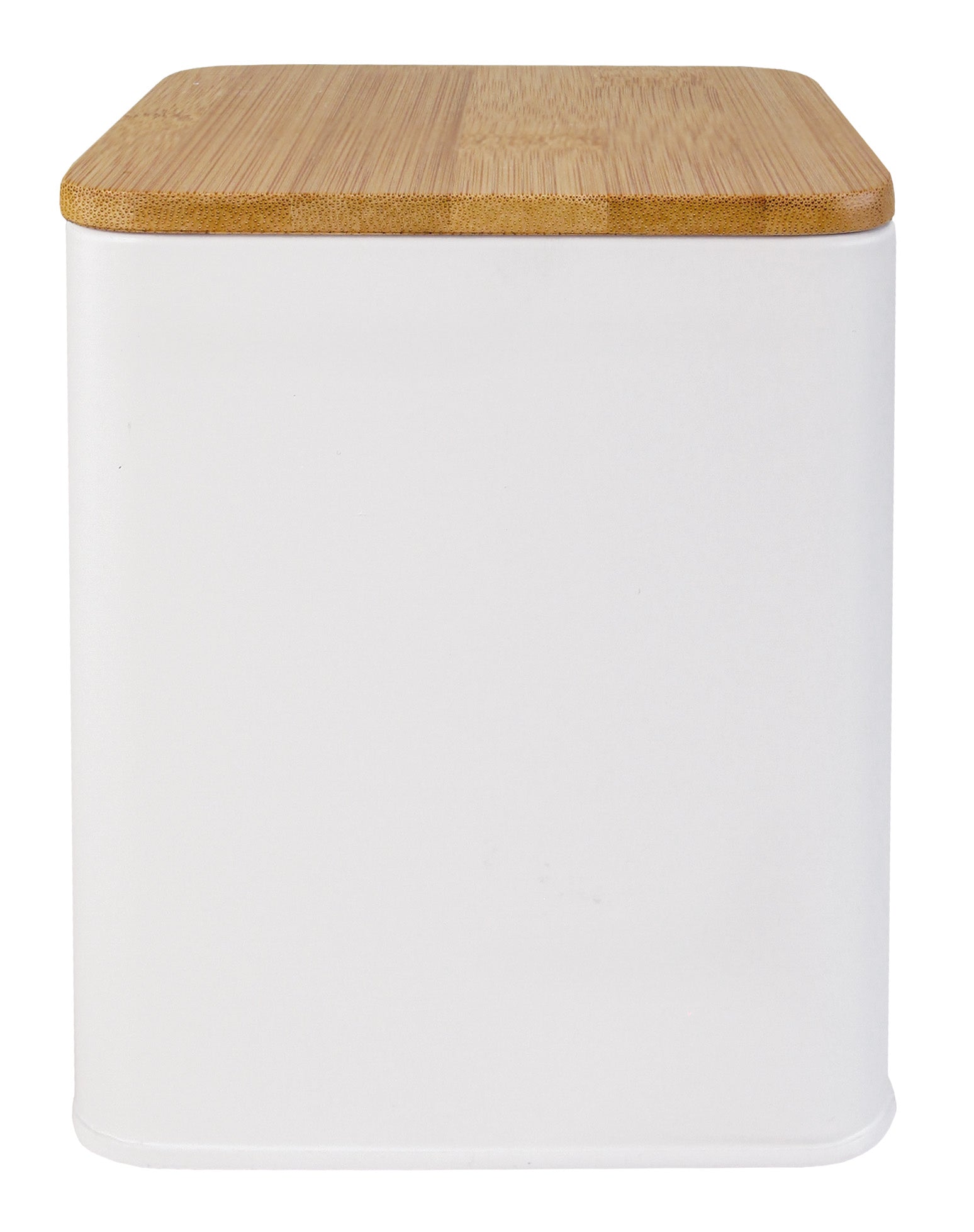 Auf dem Bild steht die Aufbewahrungsbox CASSONE Weiß M mit Bambusdeckel frontal.