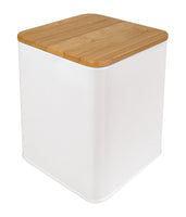 Weiße quadratische Aufbewahrungsbox mit Deckel aus Bambus-Holz oben