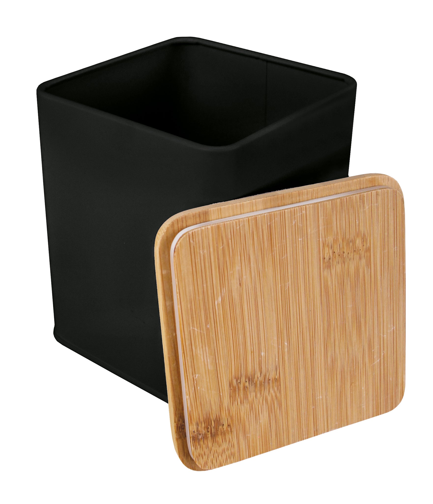 Aufbewahrungsbox CASSONE Schwarz M mit offenem schwarzen Behälter und abgenommenem Bambusdeckel.