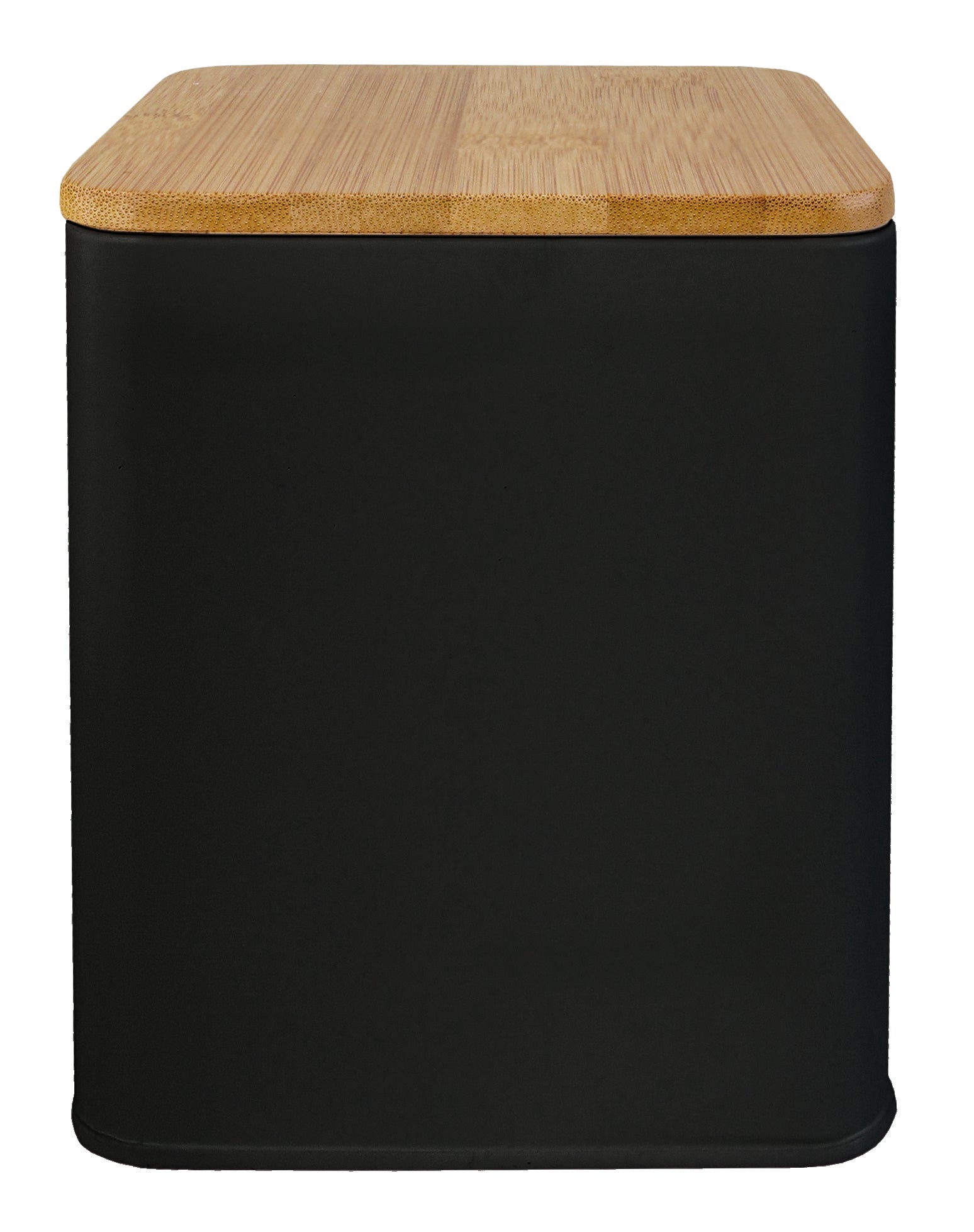 Aufbewahrungsbox CASSONE Schwarz M mit Bambusdeckel frontal vor weißem Hintergrund.