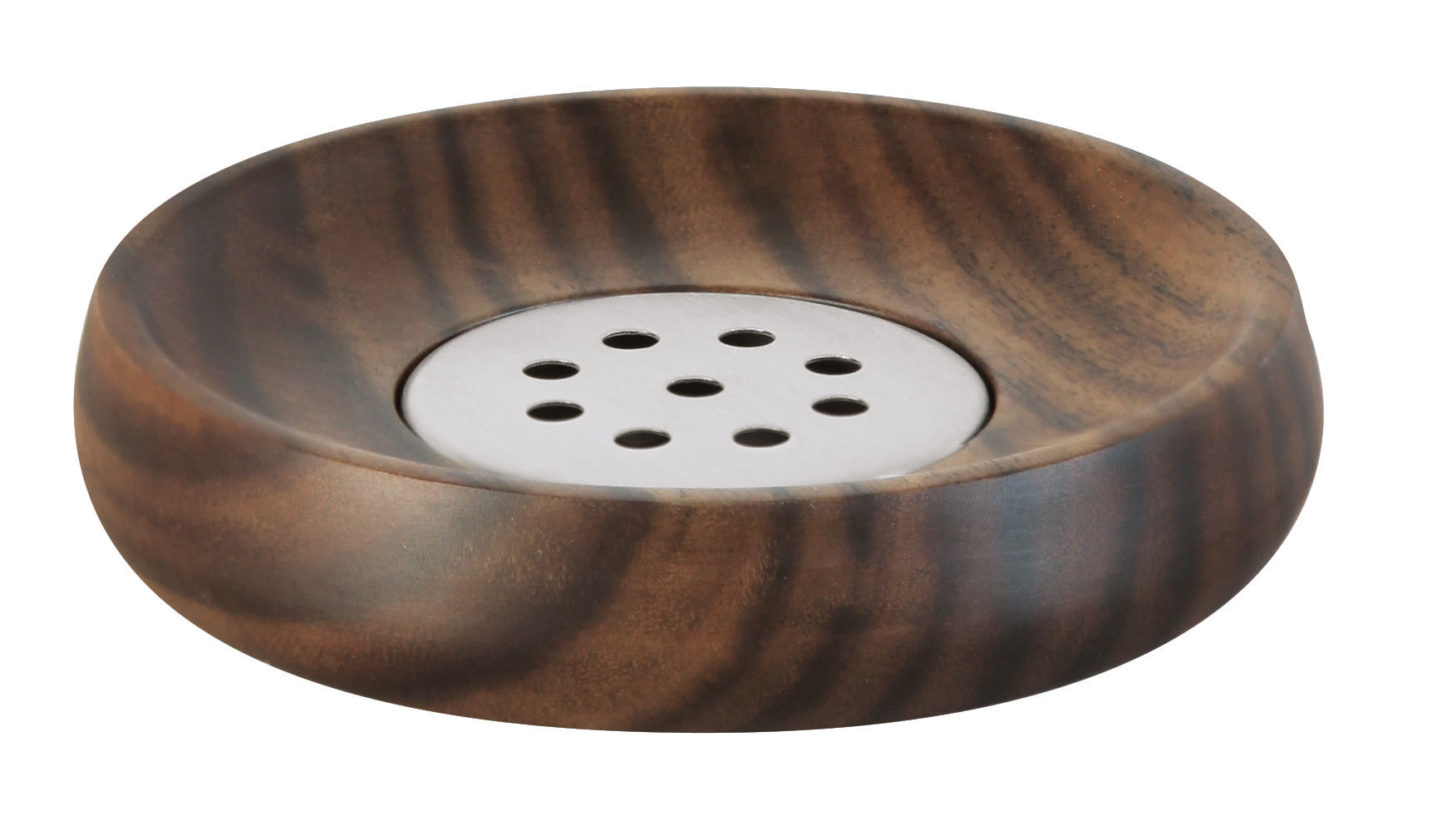 Runde Seifenschale aus dunklem Holz mit zentralem Metalleinsatz und Löchern
