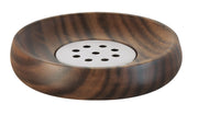 Runde Seifenschale aus dunklem Holz mit zentralem Metalleinsatz und Löchern