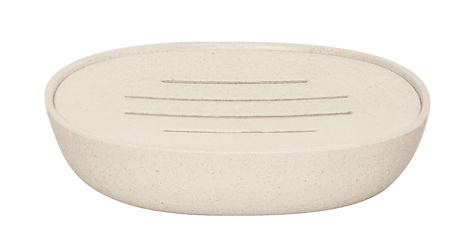 Ovale beige Seifenschale aus Kunststoff mit Rillen im Boden oben