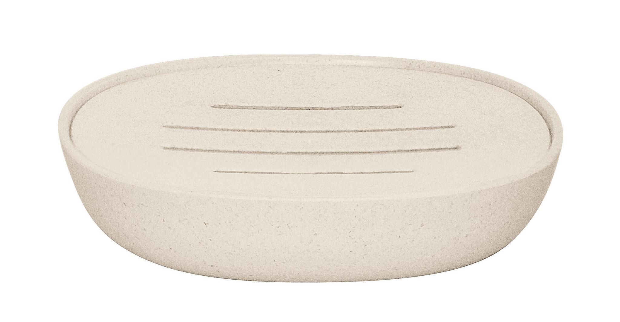 Ovale beige Seifenschale aus Kunststoff mit Rillen im Boden oben